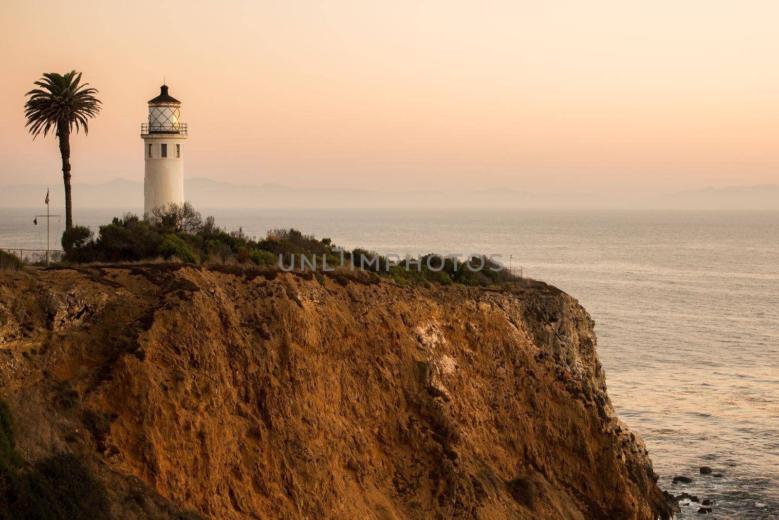 Light house and palm tree on a cliff close up by jyurinko