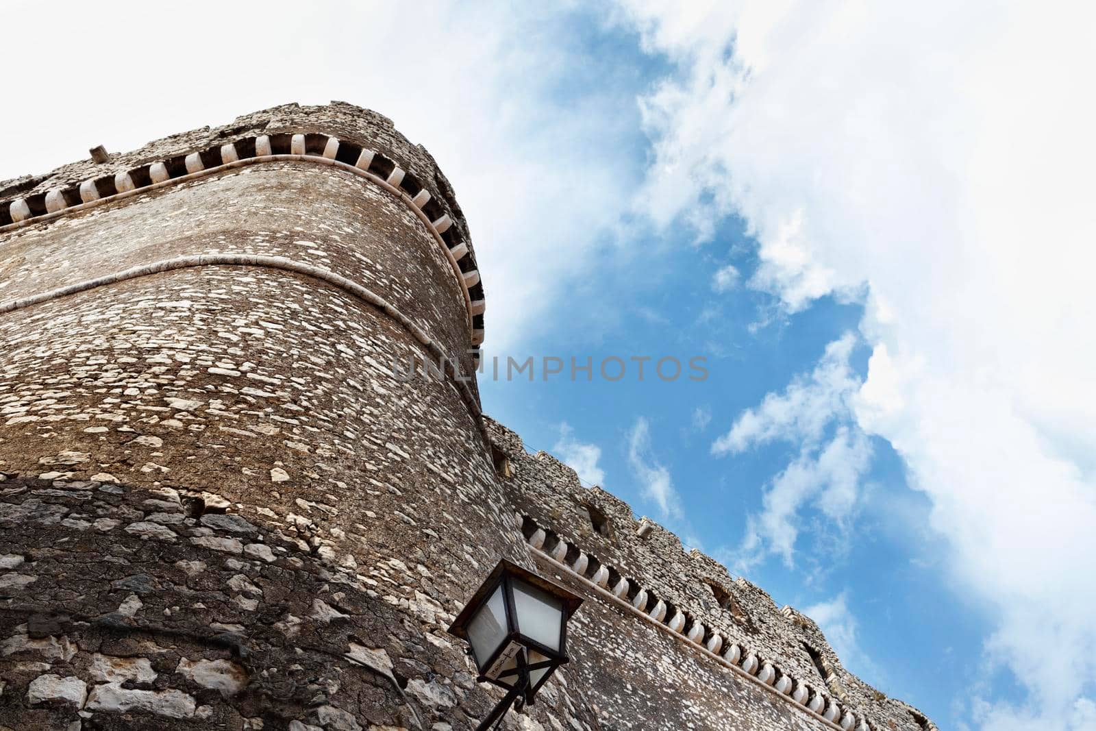 Sermoneta , Italy , 12 September  2021, Caetani castle in the medieval village of Sermoneta , stone walls and defensive tower 