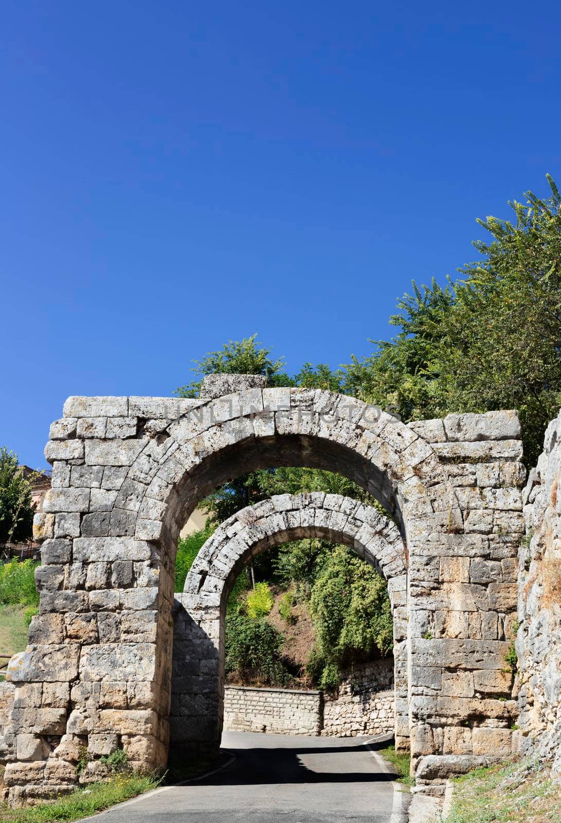 Ancient town of Ferentino , Italy , Porta Casamari , double gate with two round arches constructed of blocks of tuff