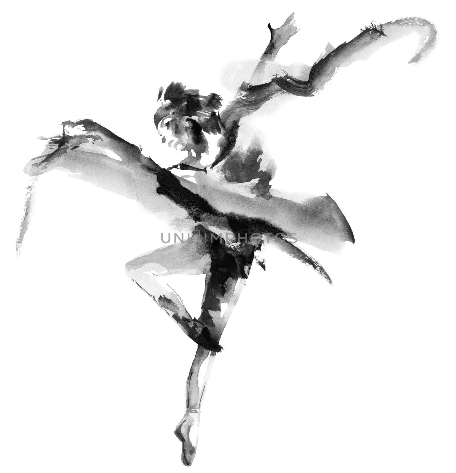 Watercolor and ink illustration of dancing girl in pointe. Oriental traditional painting in style sumi-e, u-sin and gohua. Grayscale drawing on white background.