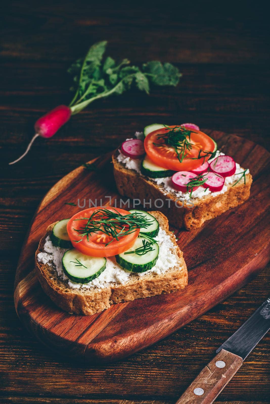 Two vegetarian sandwiches with fresh sliced tomatoes, cucumber and radish