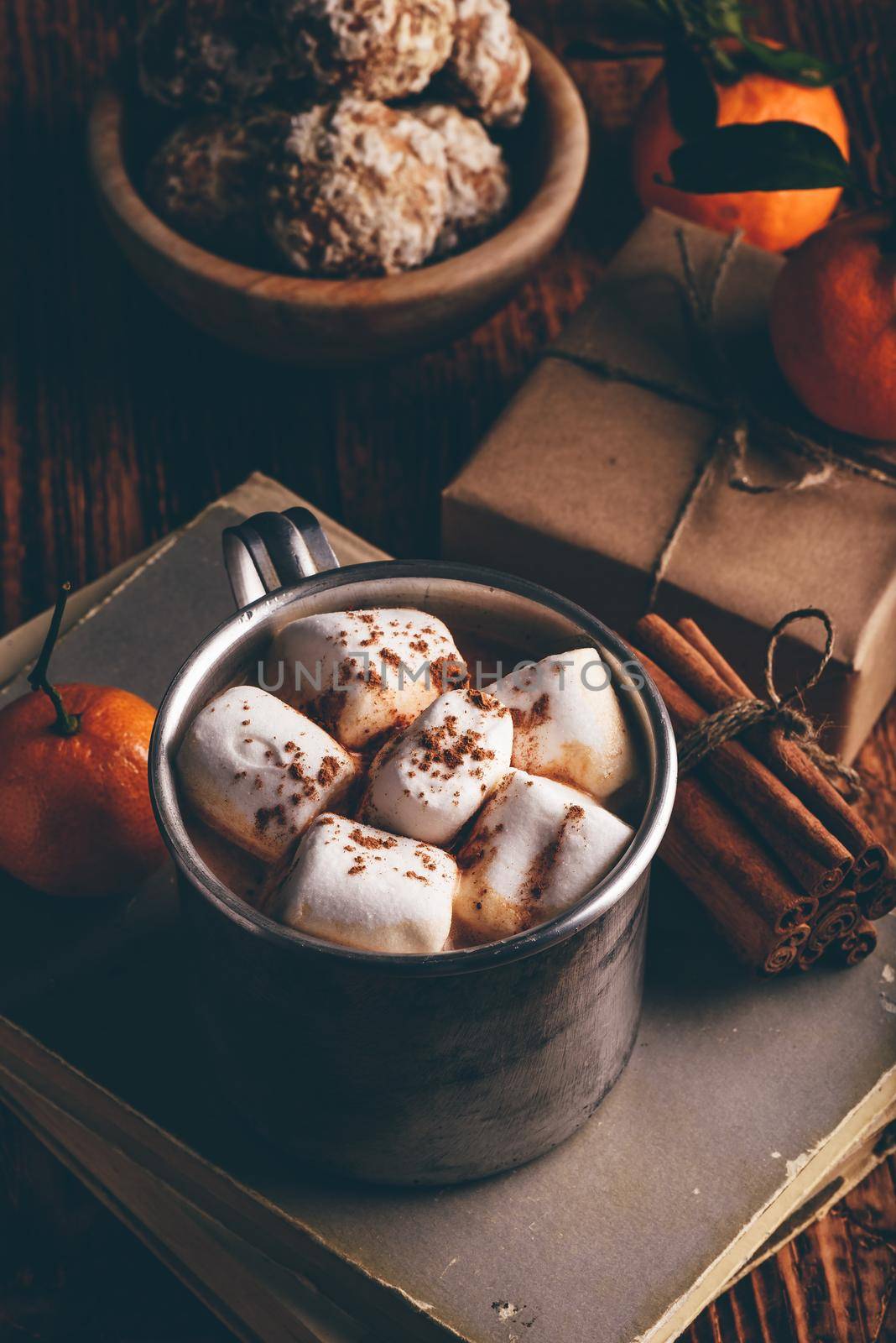 Metal mug of hot chocolate with marshmallows by Seva_blsv