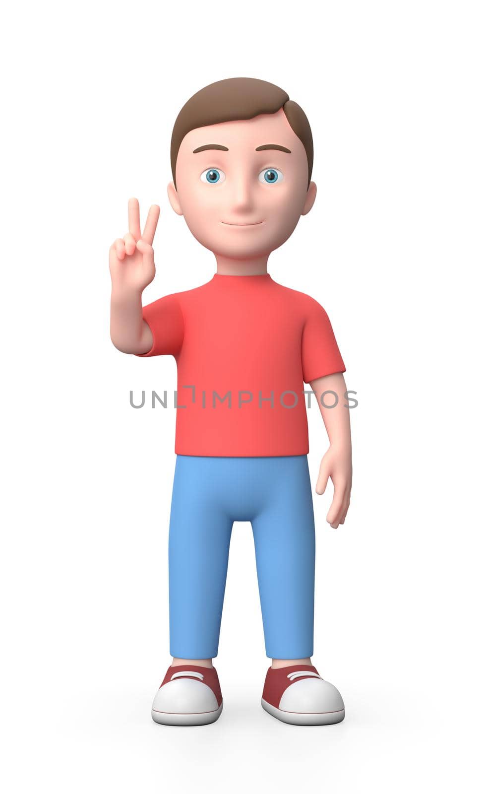 Standing Young Boy Smiling and Showing V Sign. 3D Cartoon Character. Isolated on White Background 3D Illustration, Victory Concept