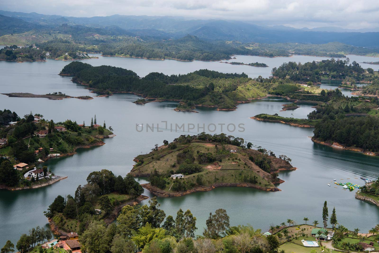 View at the top of El Penon de Guatape looking out at the epic view of the island town.