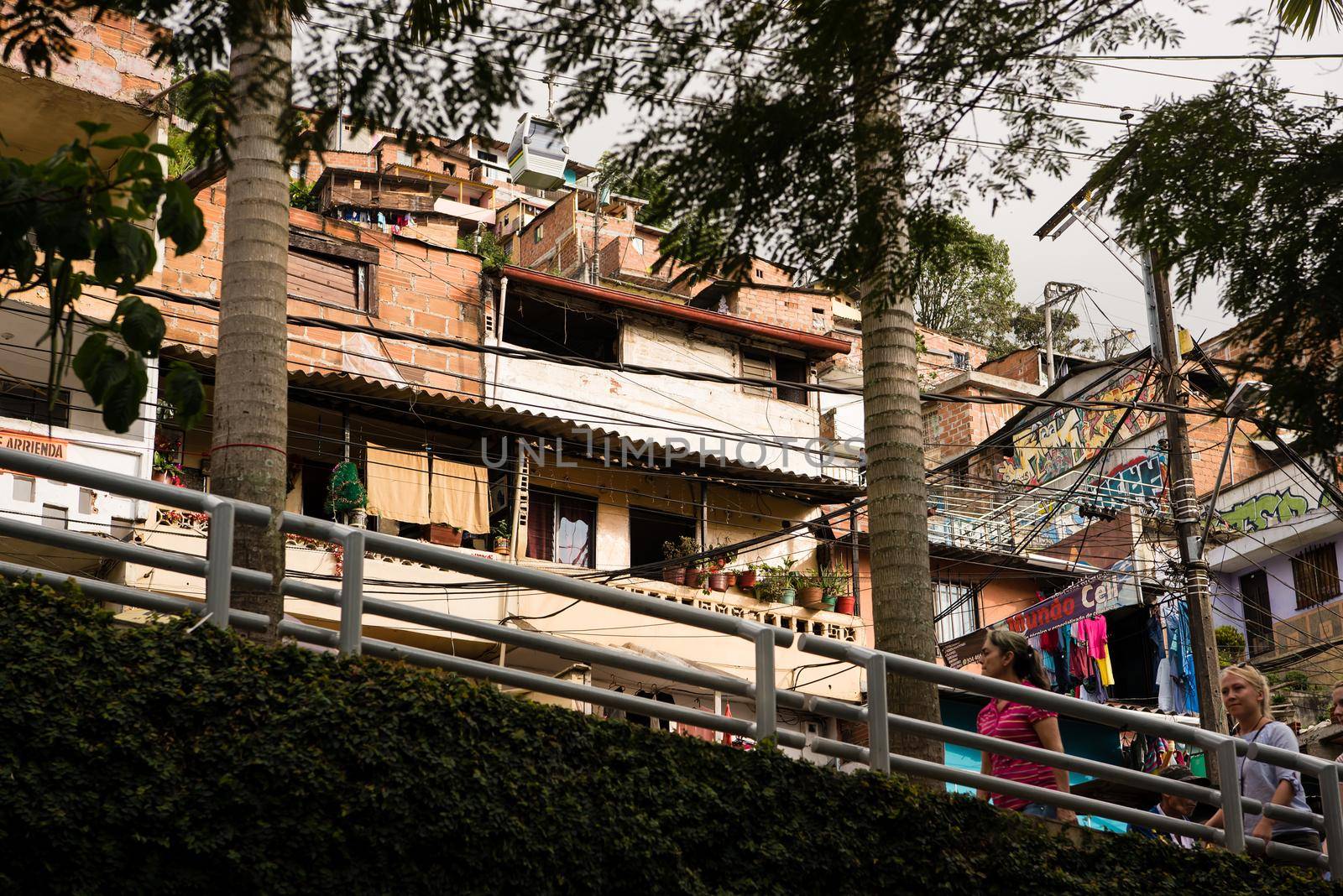 Downtown Medellin, Colombia homes on hillside. Close up with big trees by jyurinko