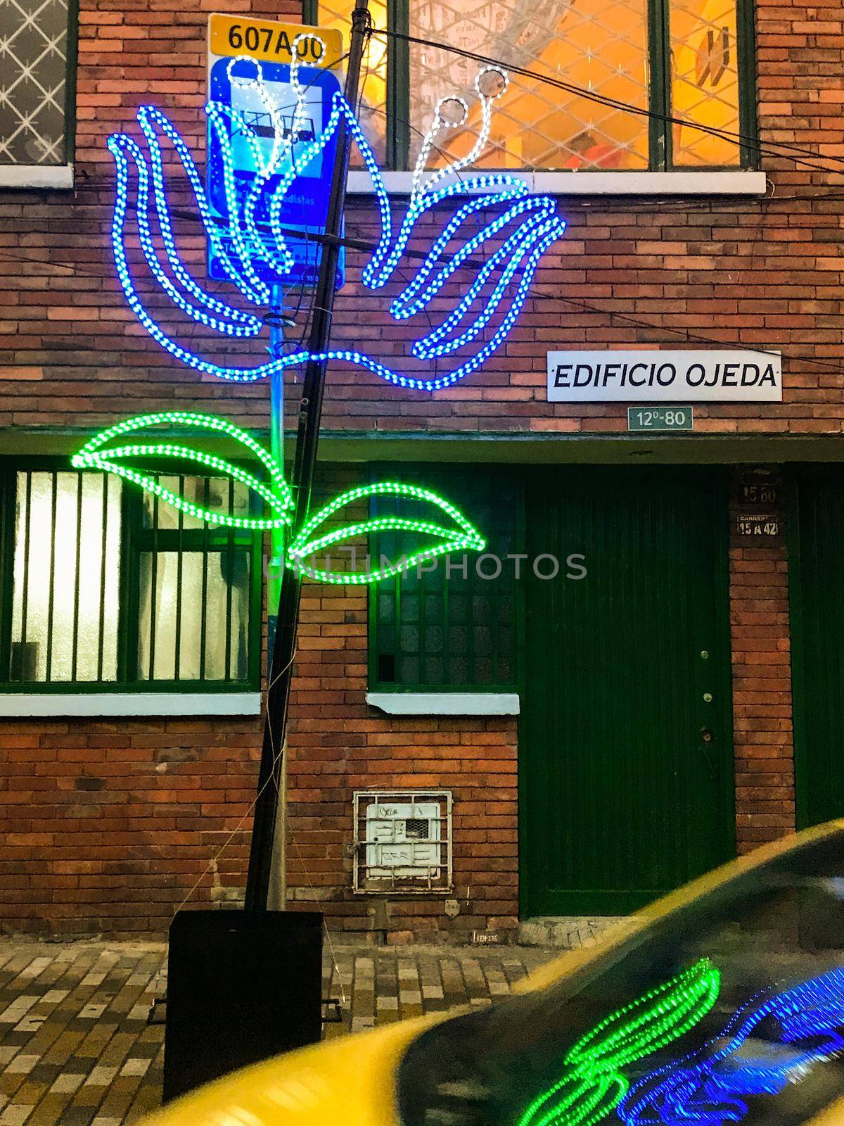 Purple and green flower lights in Colombia with tax cab. by jyurinko