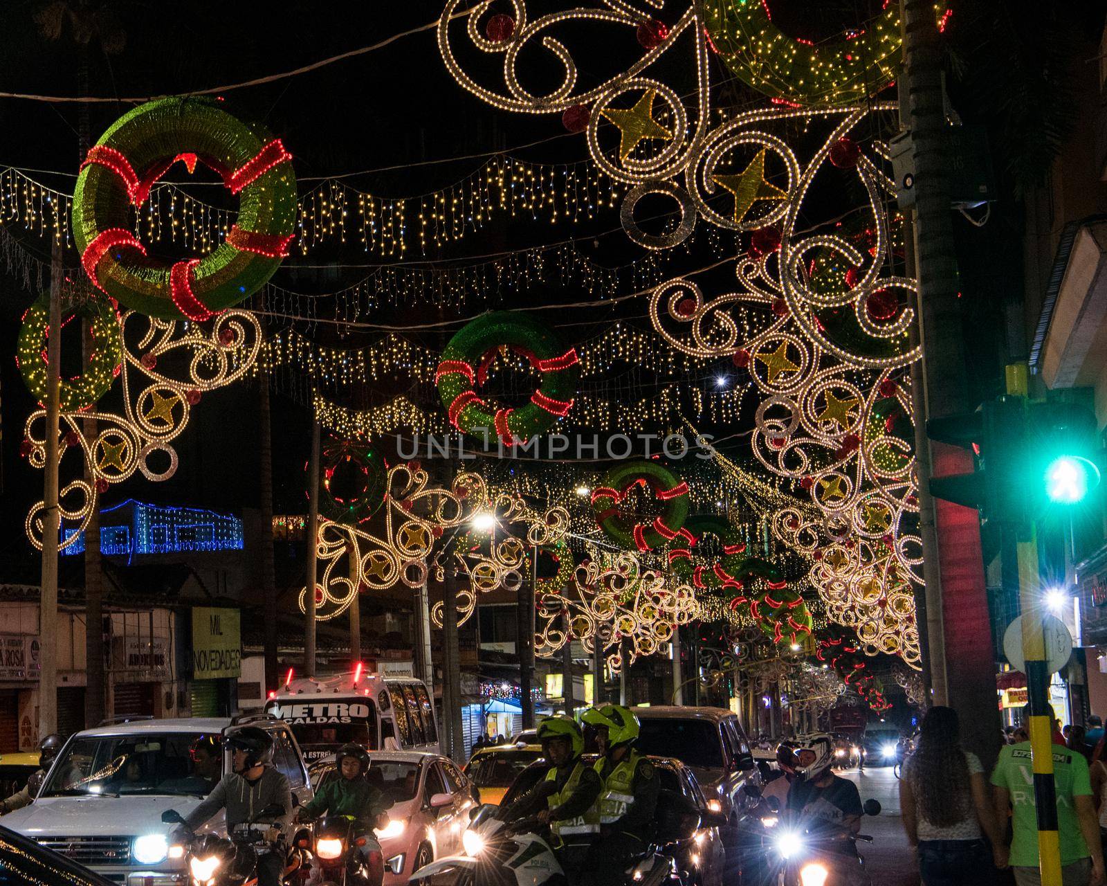 Christmas lights and wreaths in Medellin, Colombia.