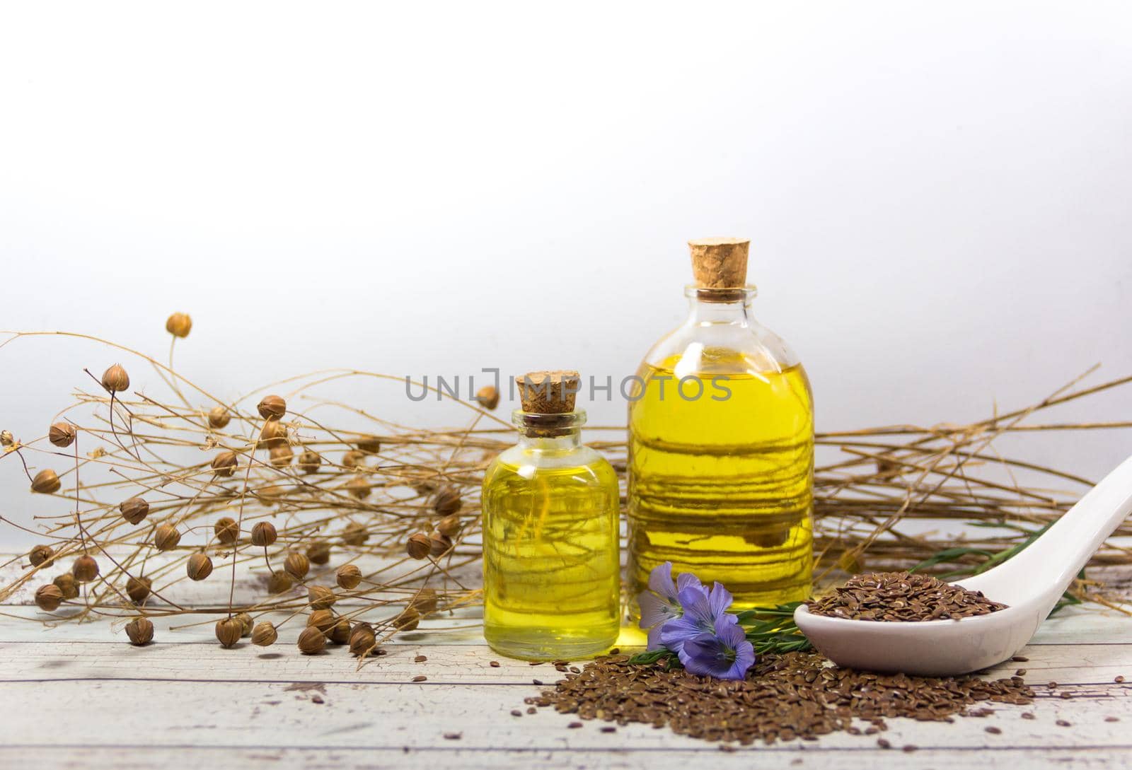 bottles of linseed oil flowers and seeds by GabrielaBertolini