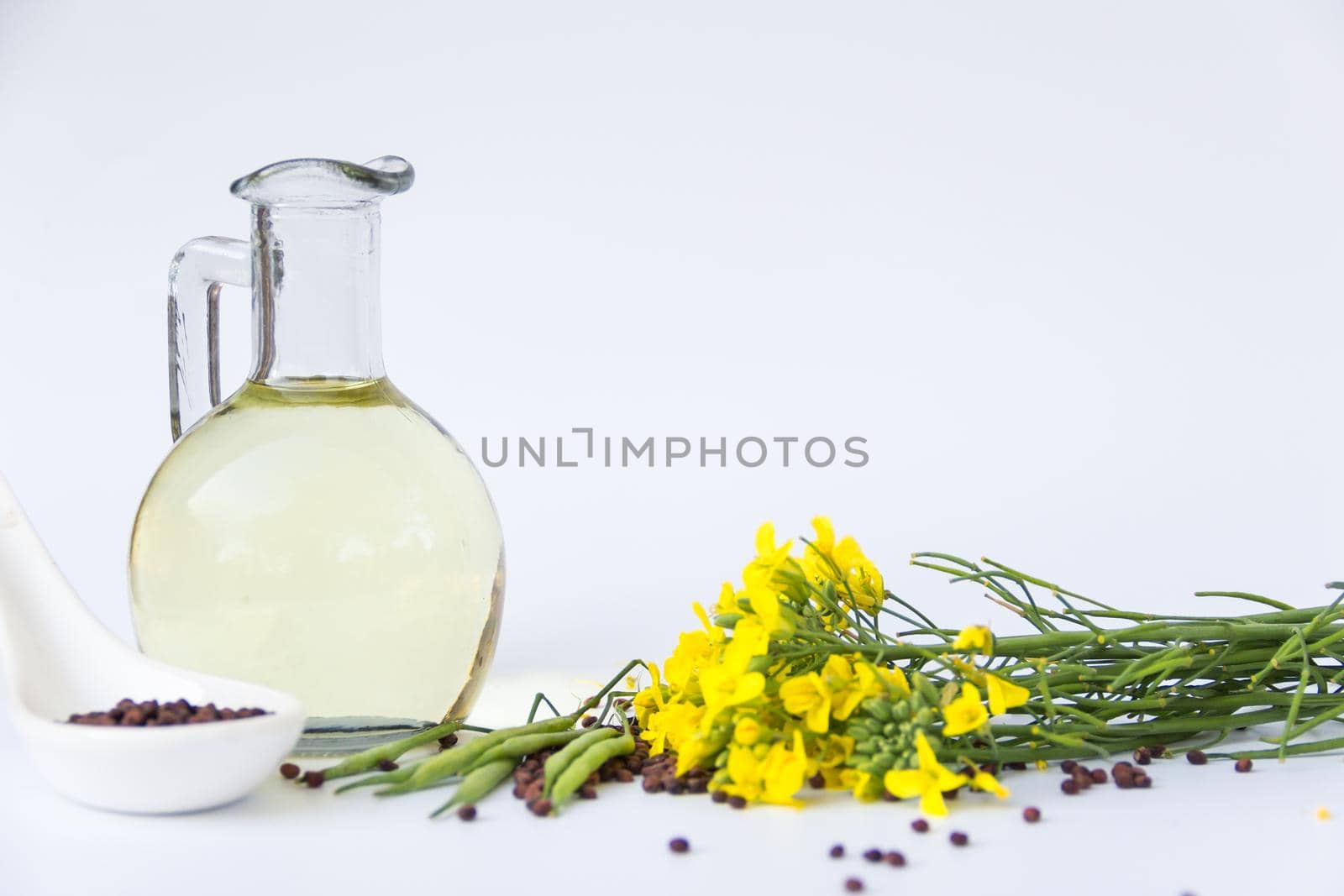bottle rapeseed oil seeds and flowers on white background