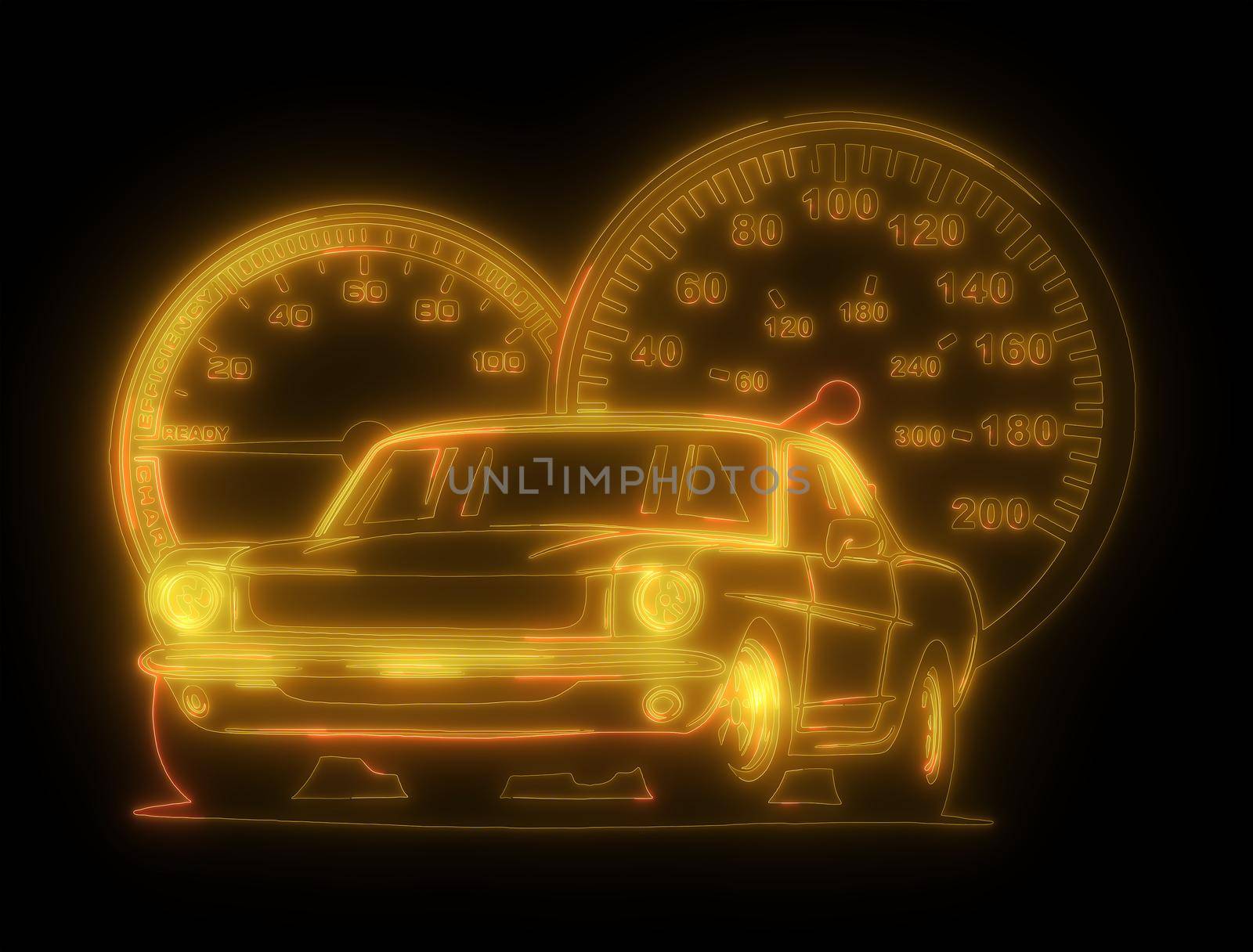 Neon silhouette of classic American muscle car. Glowing sign. illustration.