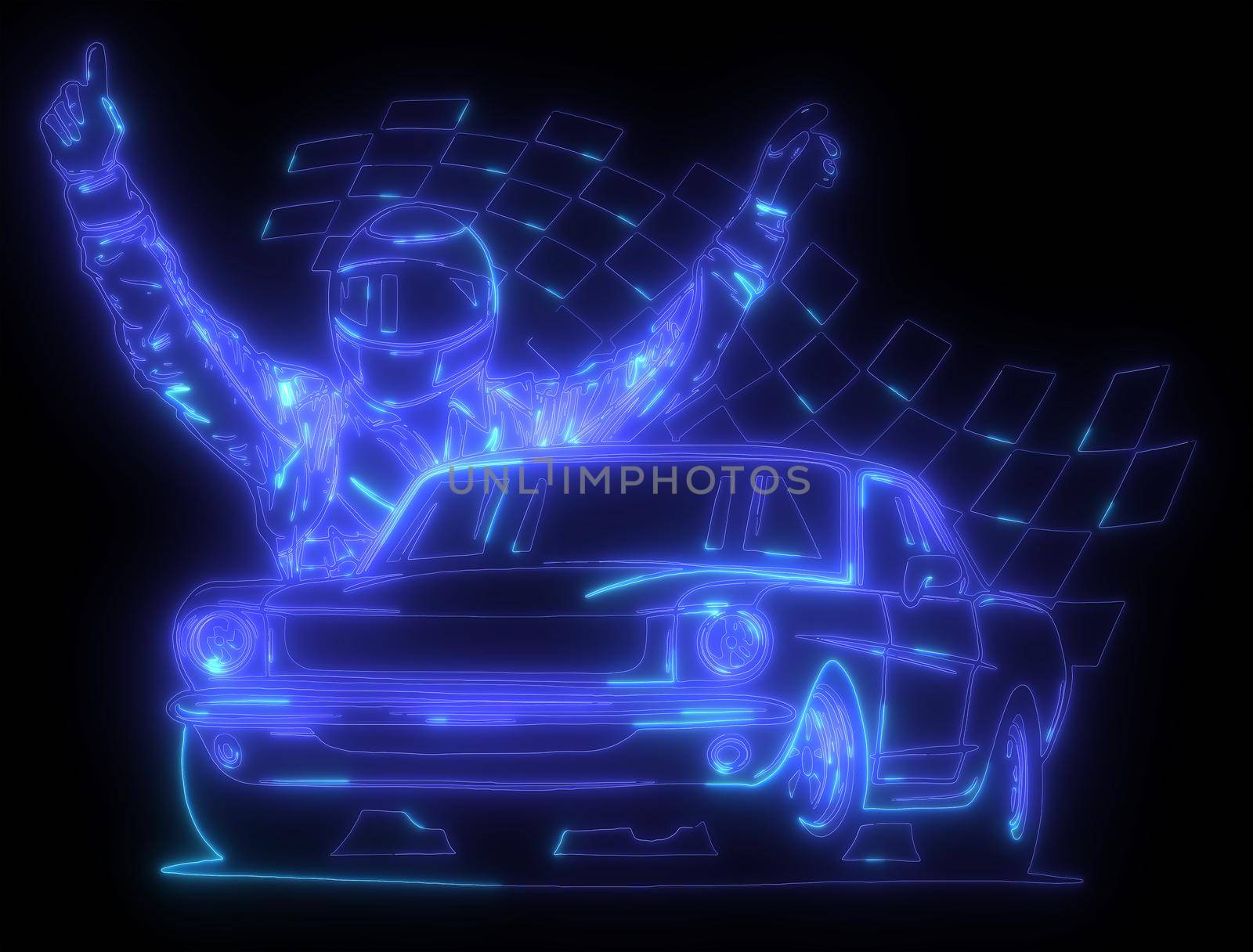 neon silhouette of a race driver in front of his car by dean