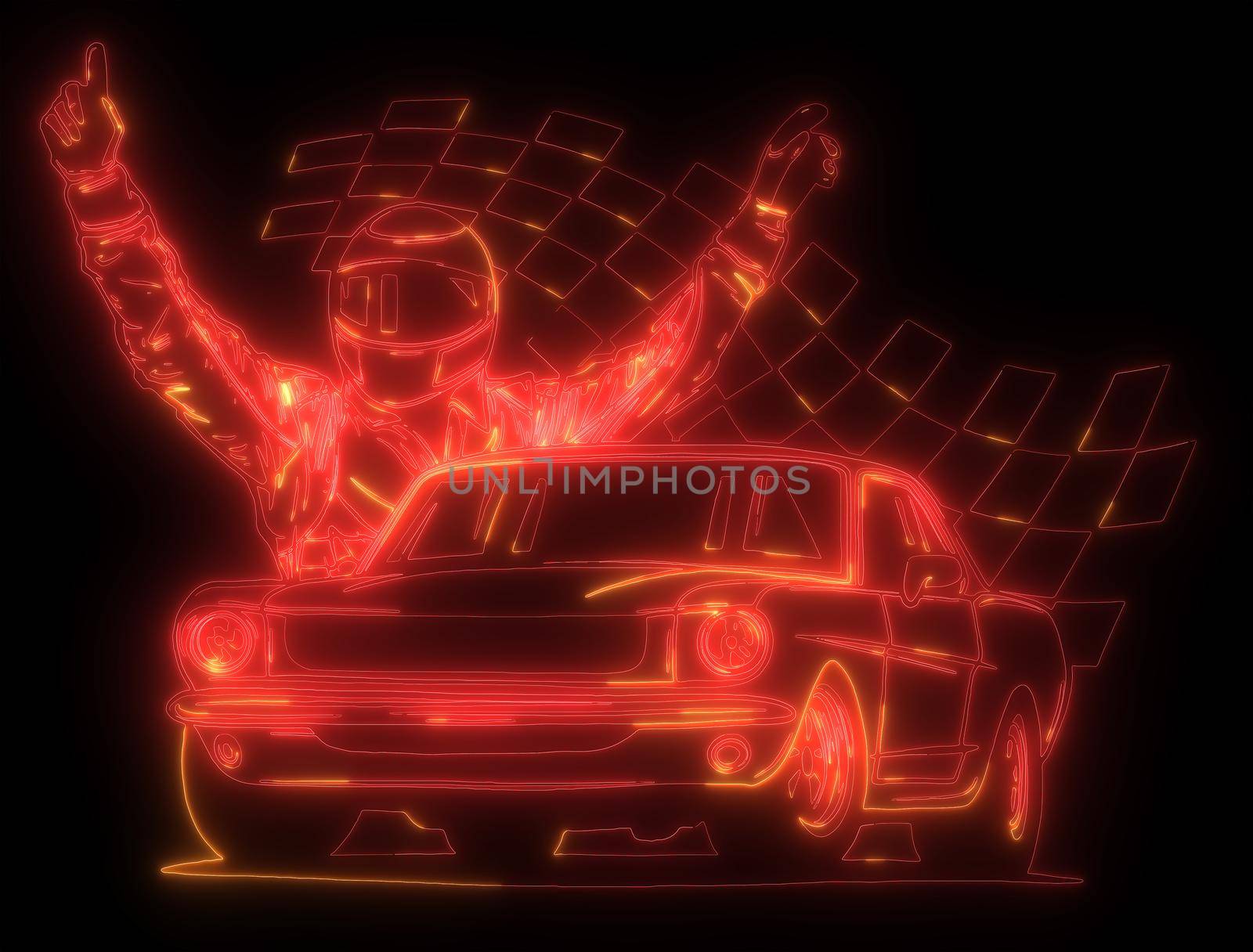 neon glow of a race car driver in front of his car by dean