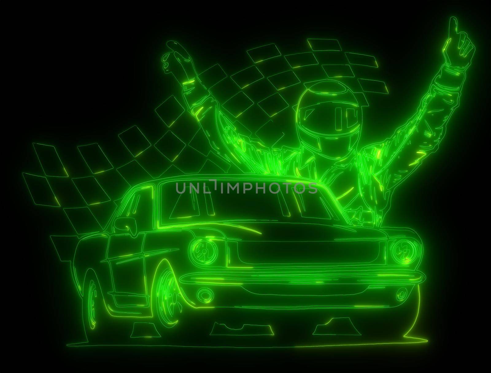 neon silhouette of a race driver in front of his car by dean