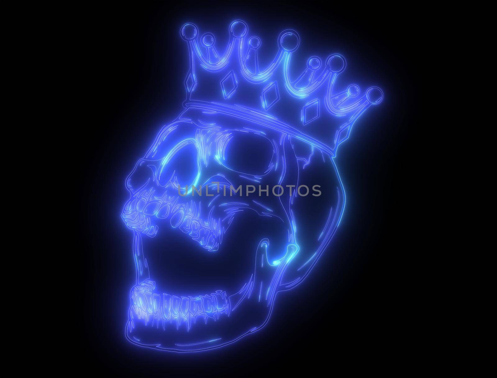 blue light neon king skull wearing crown by dean