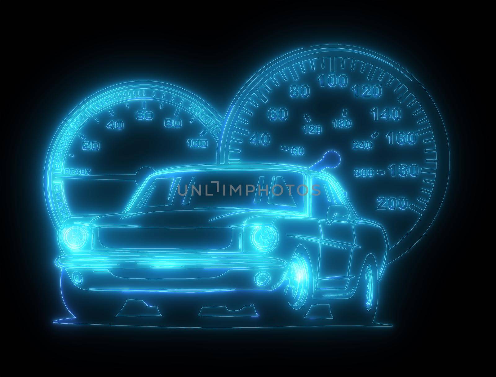 Neon silhouette of classic American muscle car. Glowing sign. by dean