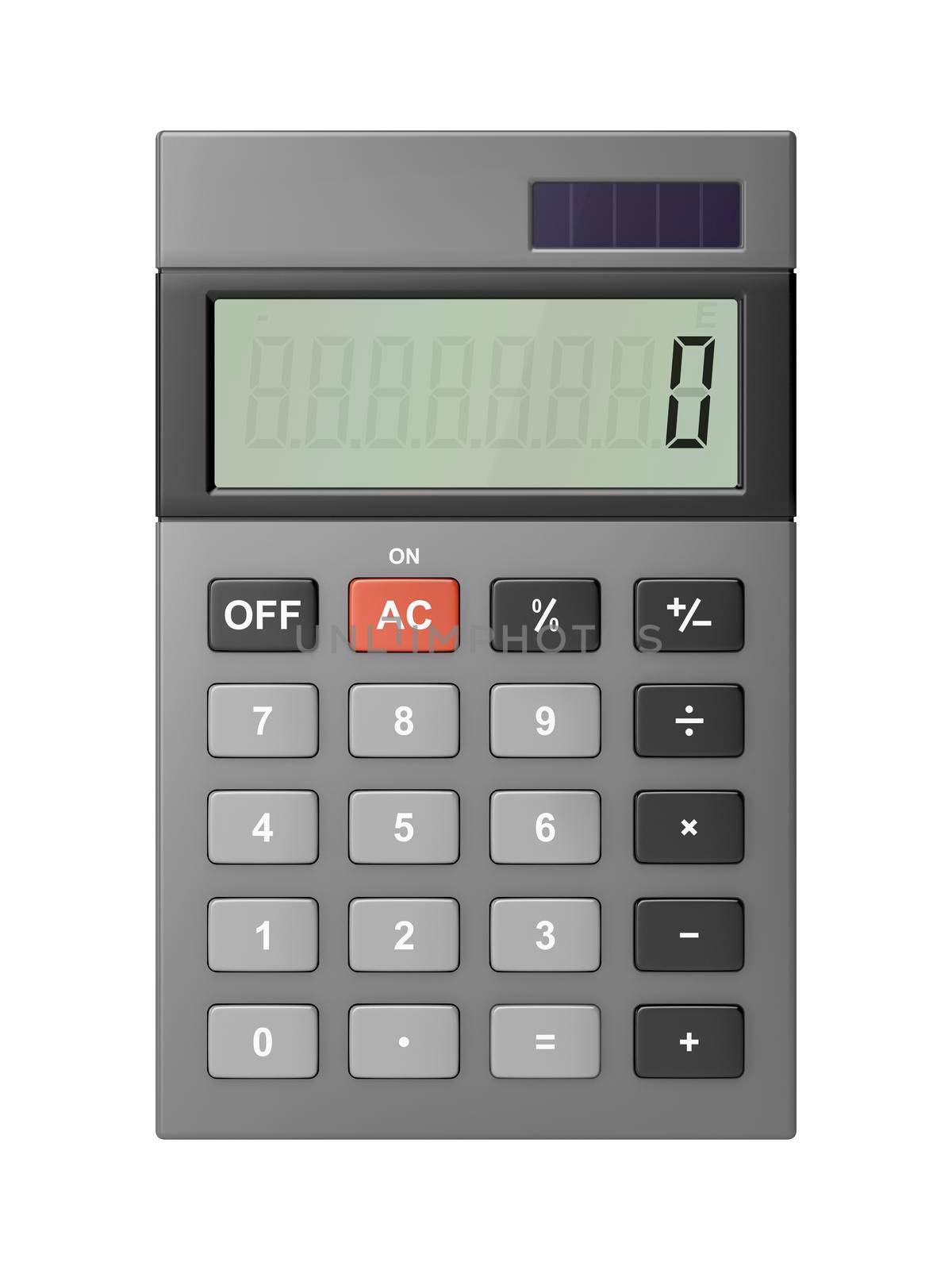 Front view of gray calculator by magraphics