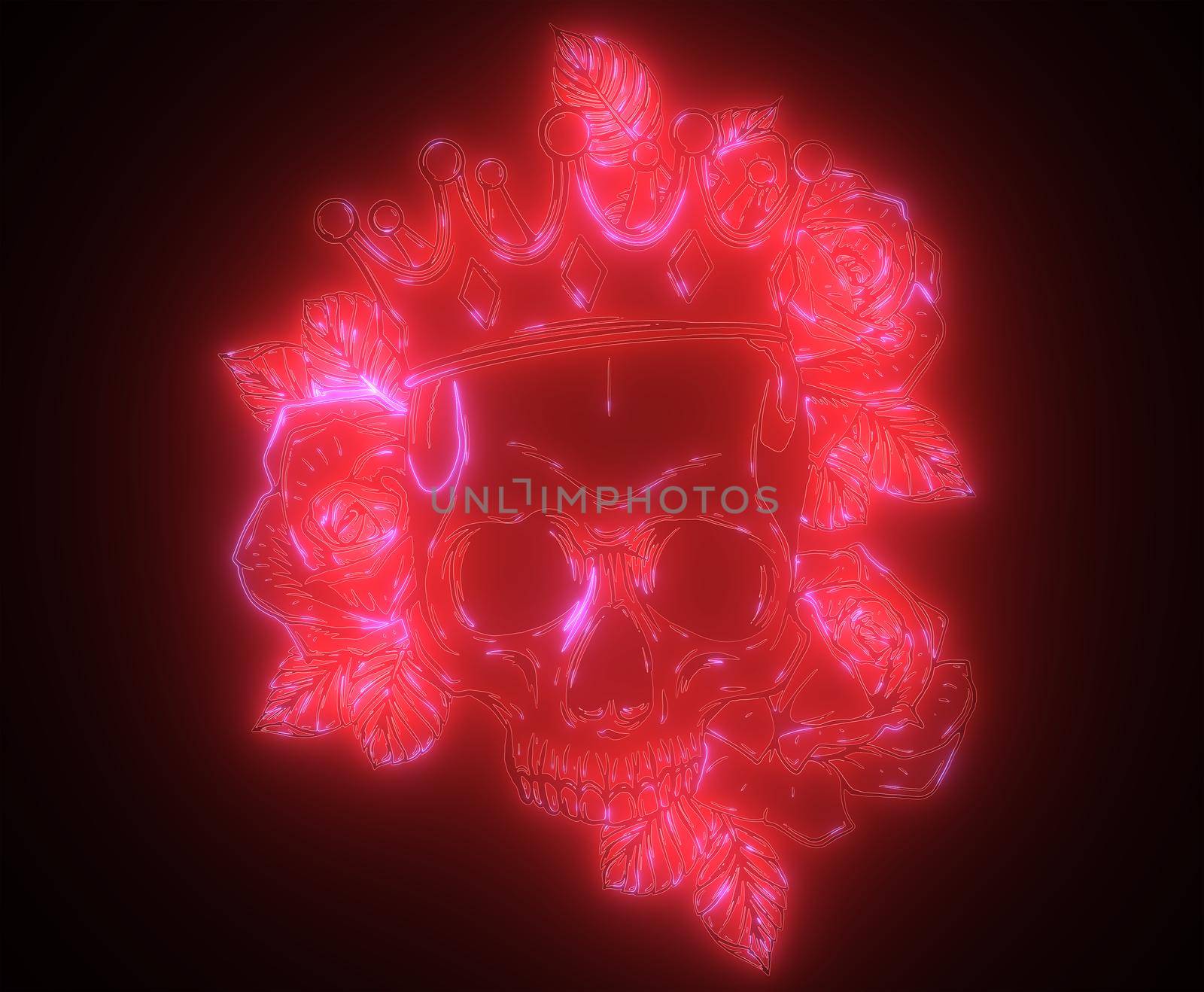 Glowing linear skull with red luminous roses by dean