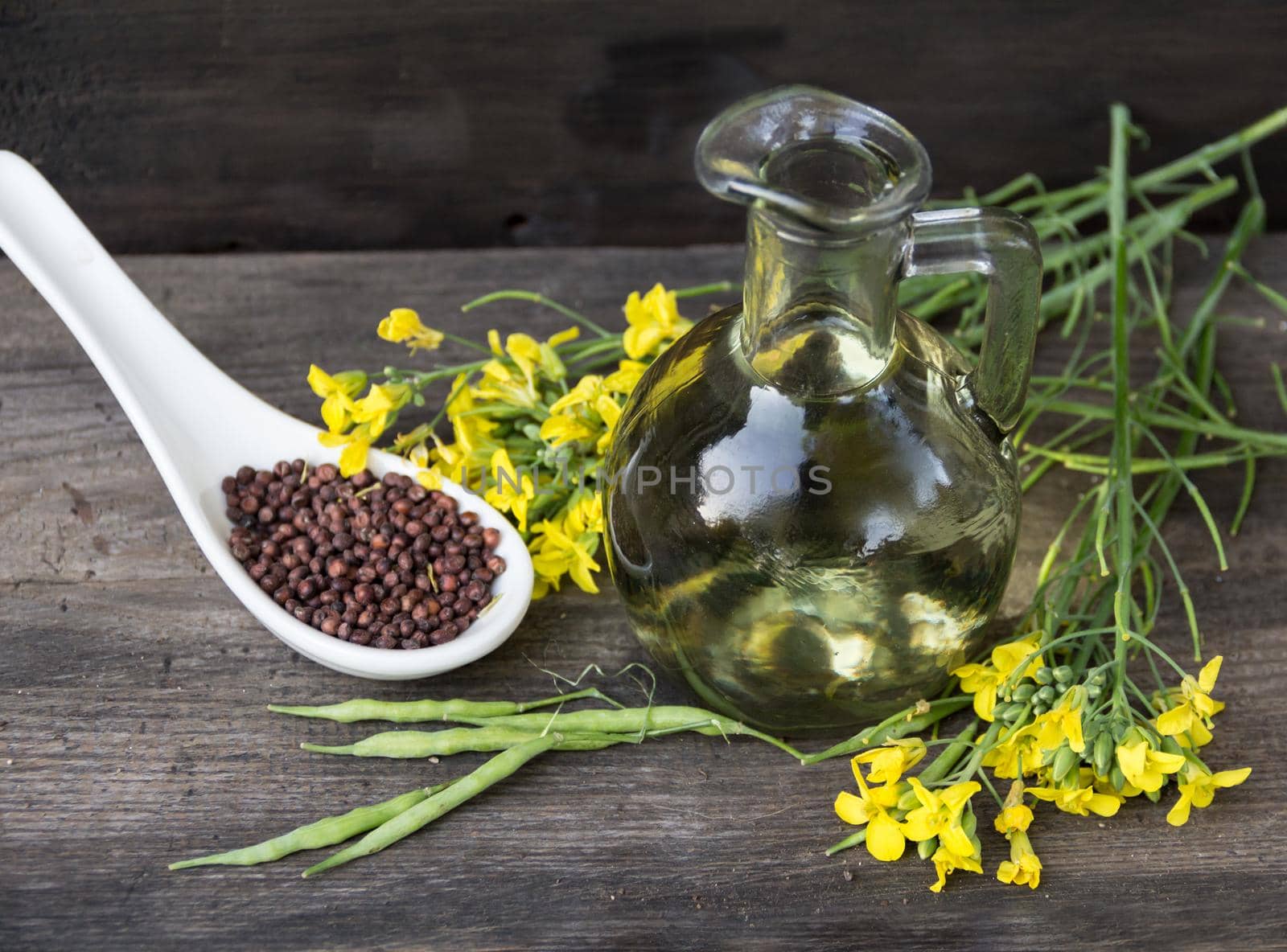 canola oil, flowers and seeds on rustic wood by GabrielaBertolini