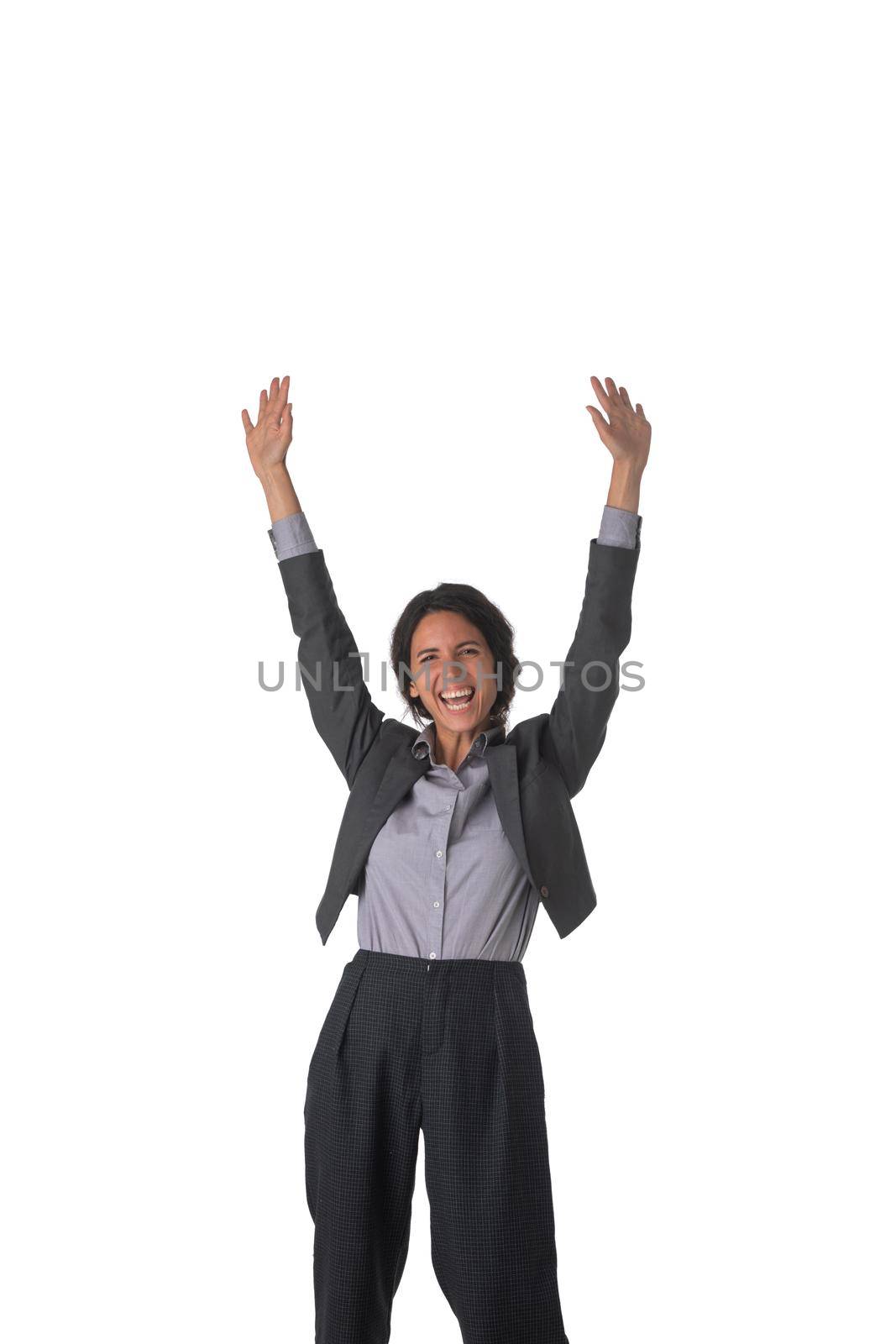 Business woman with arms raised by ALotOfPeople