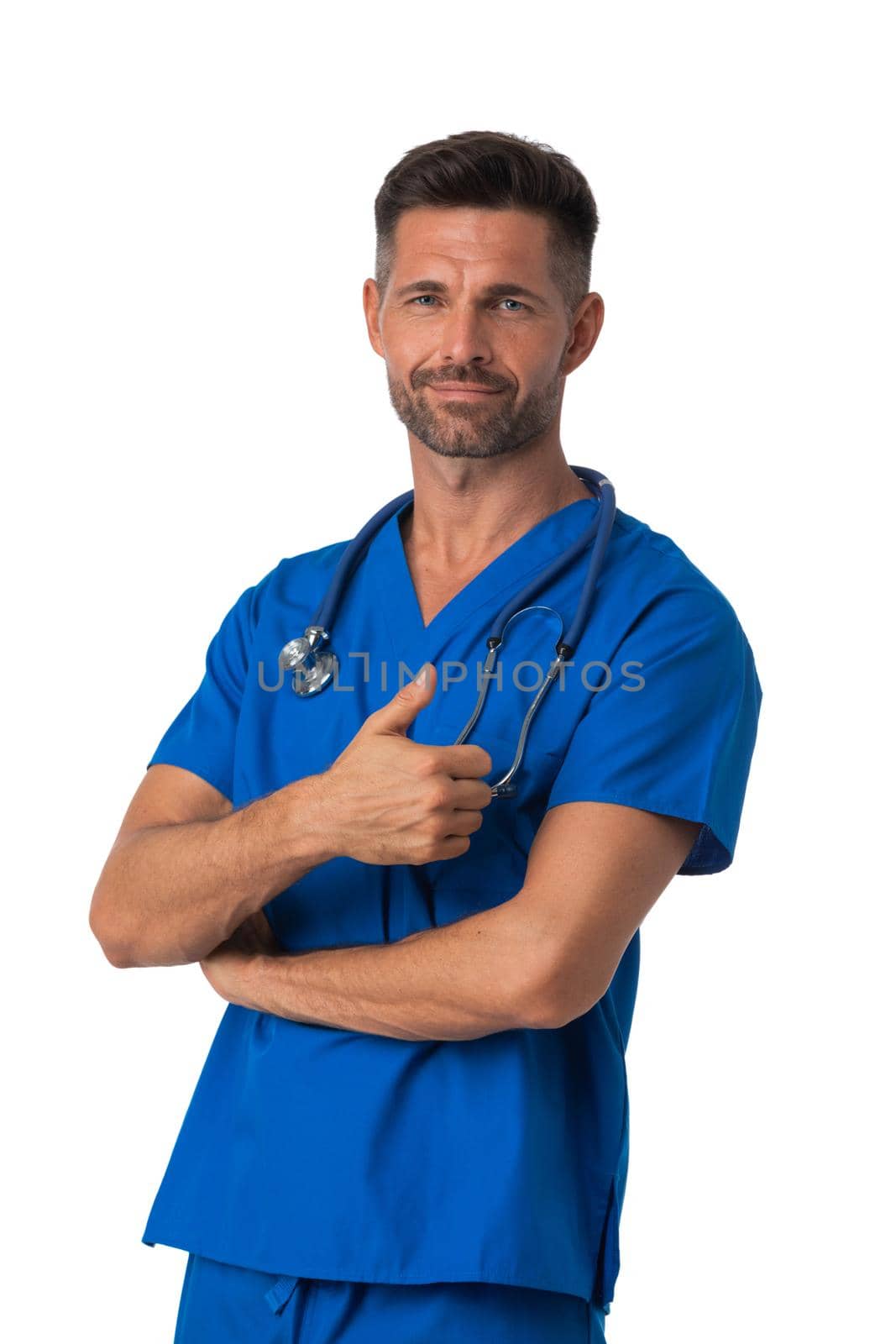 Male nurse in blue uniform with stethoscope standing with thumb up isolated on white background