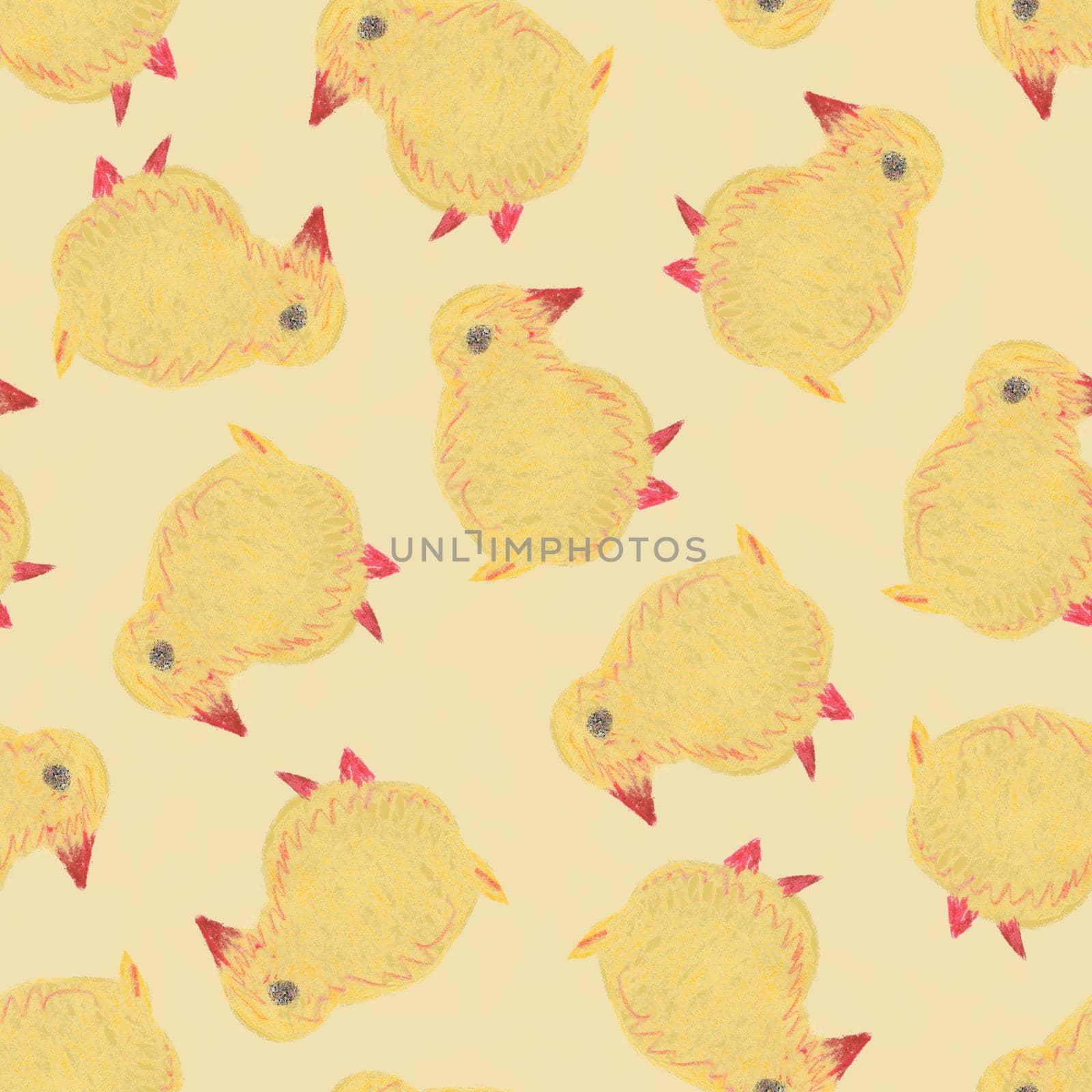 Cute Cartoon Hand Drawn Seamless Pattern With Little Yellow Chick. Funny Easter Watercolor Chicken on Yellow Background.