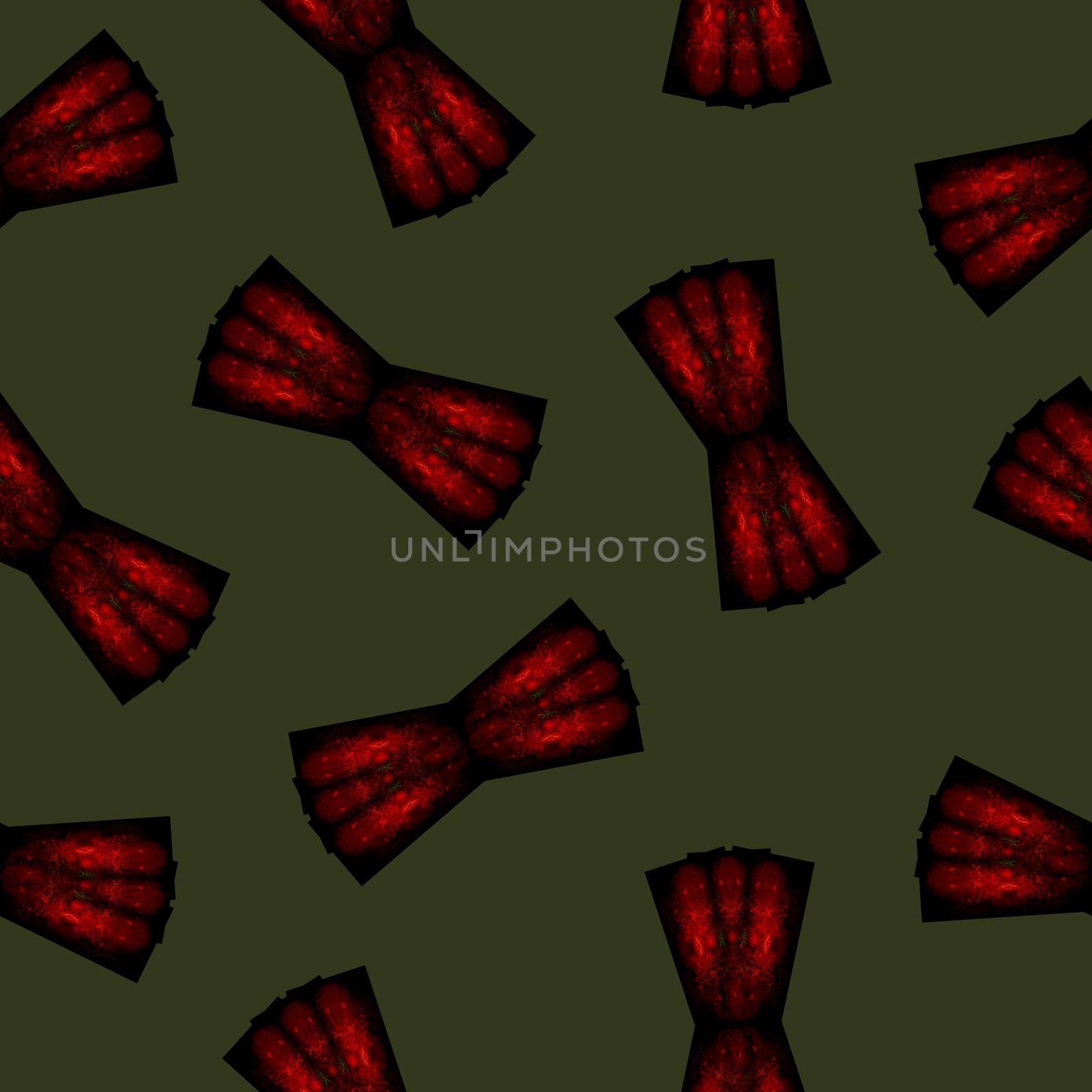 Seamless Pattern with Red and Black Bow on Dark Green Background. Digital Illustration. Cute Seamless Pattern for Design, Wrapping.