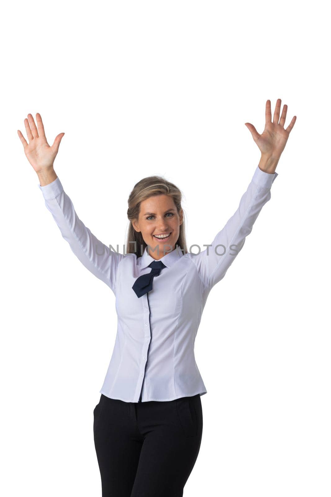 Business woman with arms raised by ALotOfPeople
