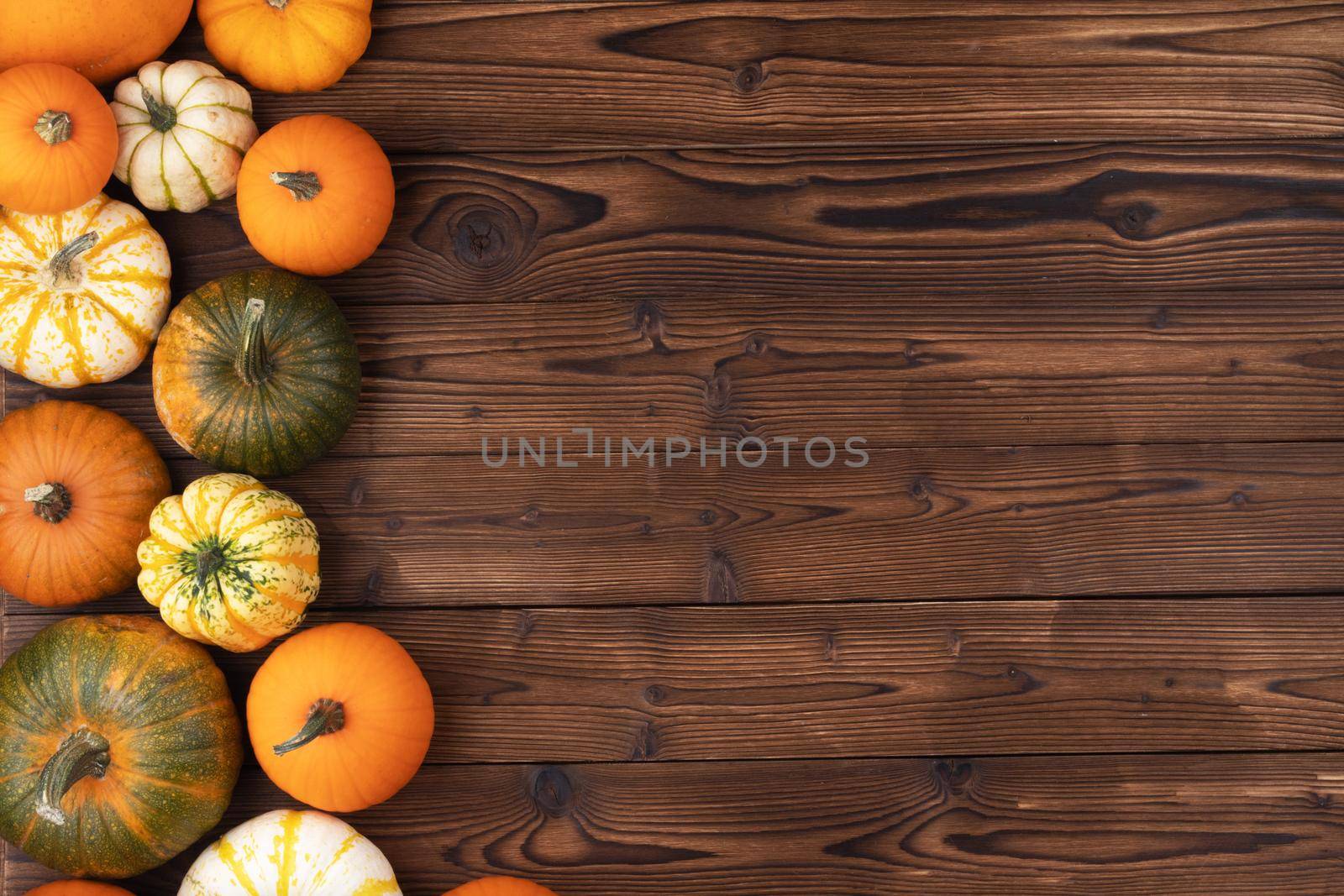 Many pumpkin top border over a rustic wood background