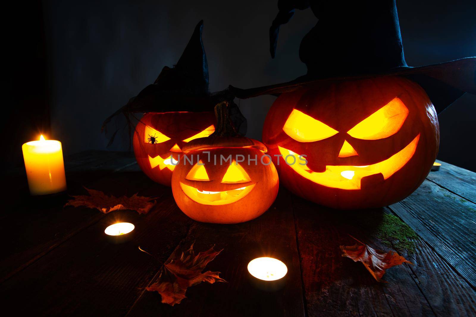 Still life of Halloween pumpkin lanterns pumpkins and hats decoration in candle light