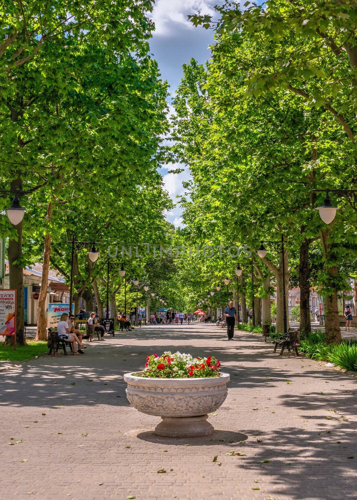 Kherson, Ukraine 12.09.2021. Alexander Suvorov pedestrian street in the center of Kherson, Ukraine, on a sunny summer day