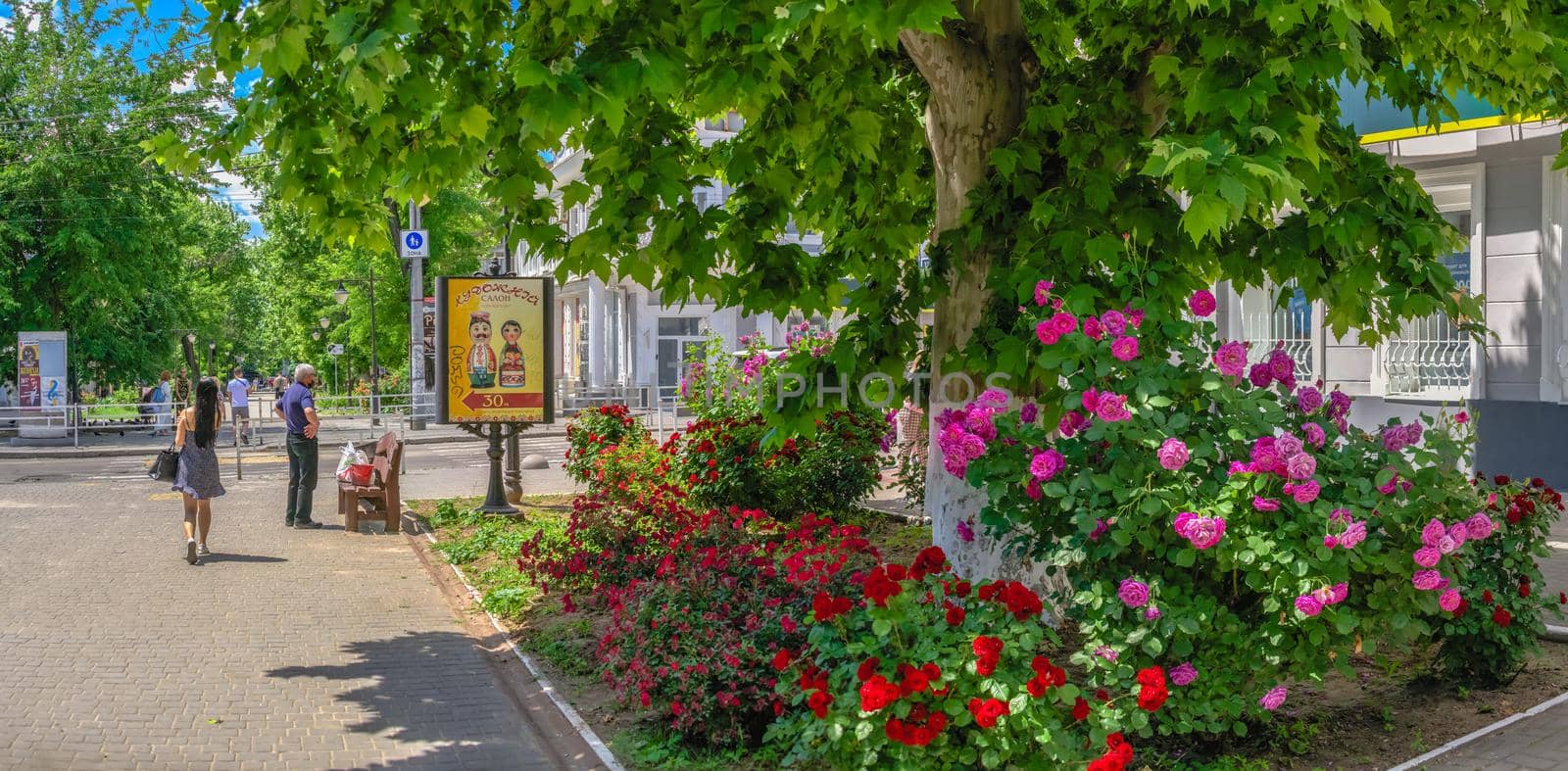 Kherson, Ukraine 12.09.2021. Alexander Suvorov pedestrian street in the center of Kherson, Ukraine, on a sunny summer day