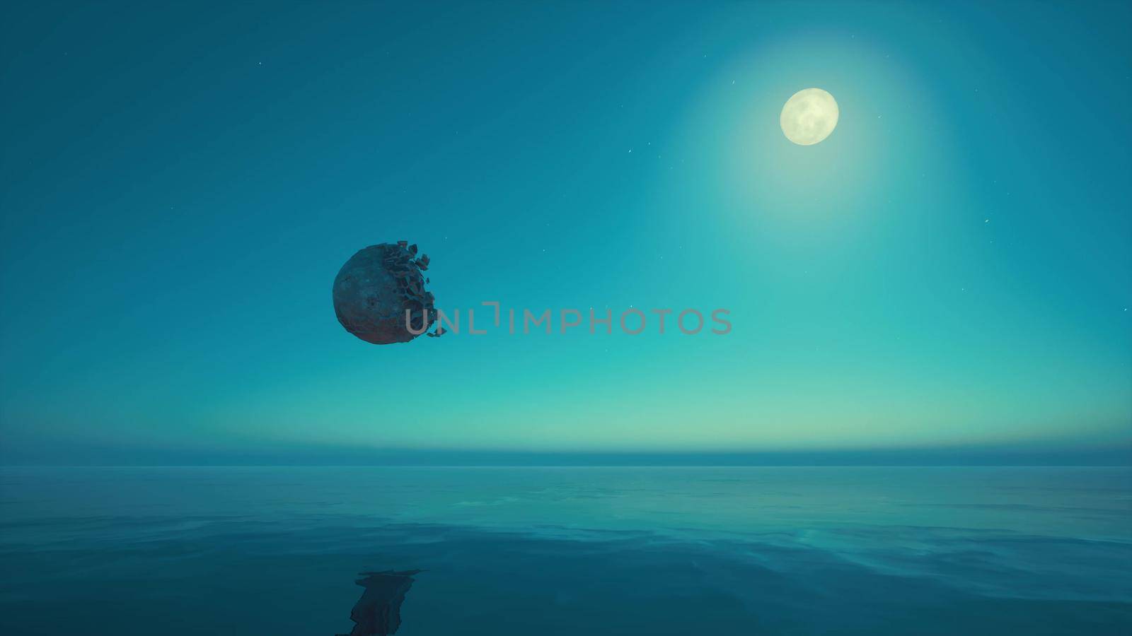Moon explosion Space exploration Beautiful ocean landscape view Futuristic technology concept Blue planet. 3d render