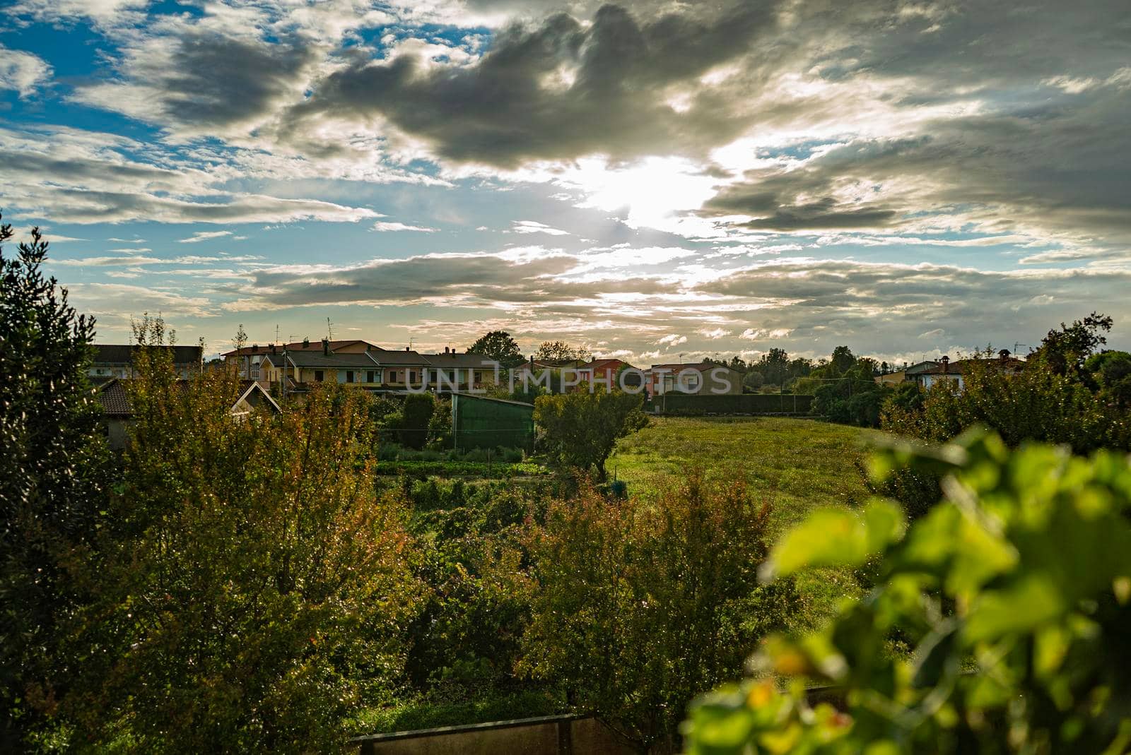 Panorama of countryside village sunset landscape in autumn