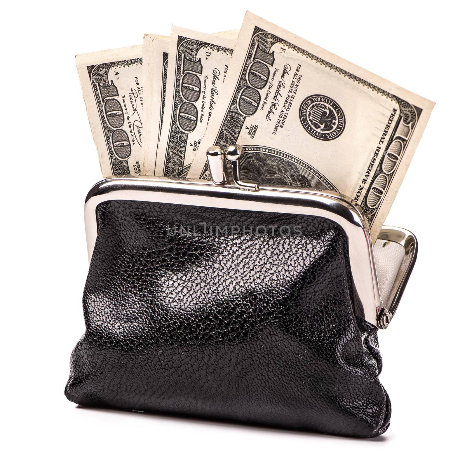 Black leather purse and paper dollars isolated on white background