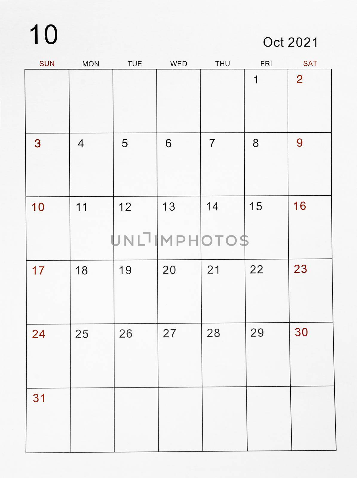 October 2021 calendar vertical template. by Gamjai