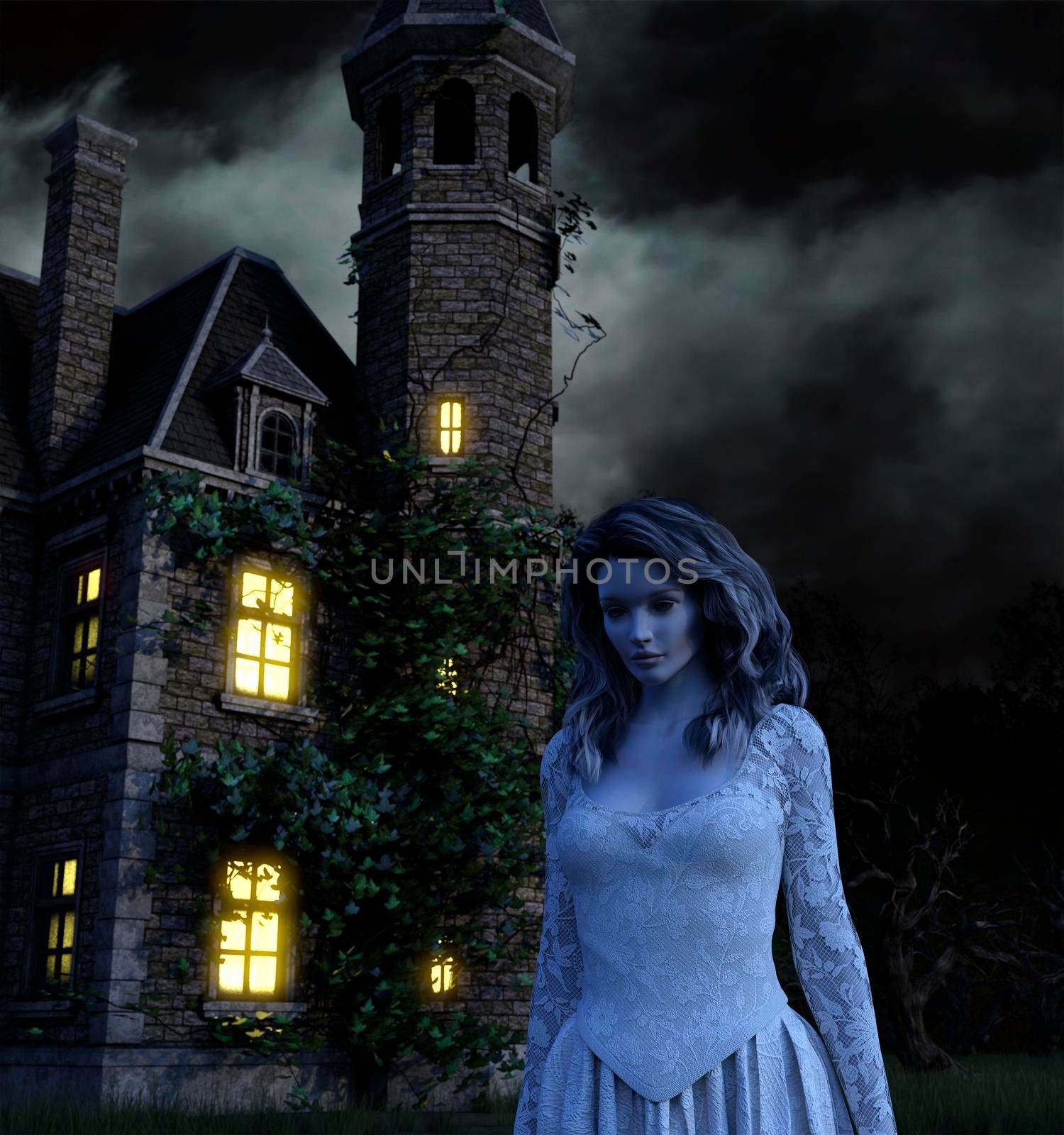 Scary ghost woman in an old haunted house at night by ankarb
