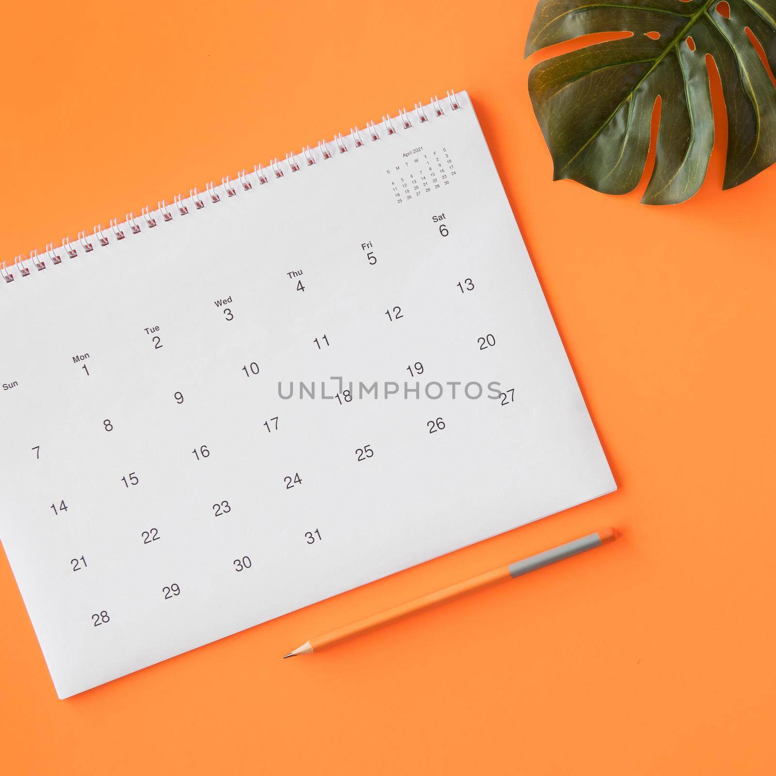 calendar with pencil monstera leaf. High quality beautiful photo concept by Zahard