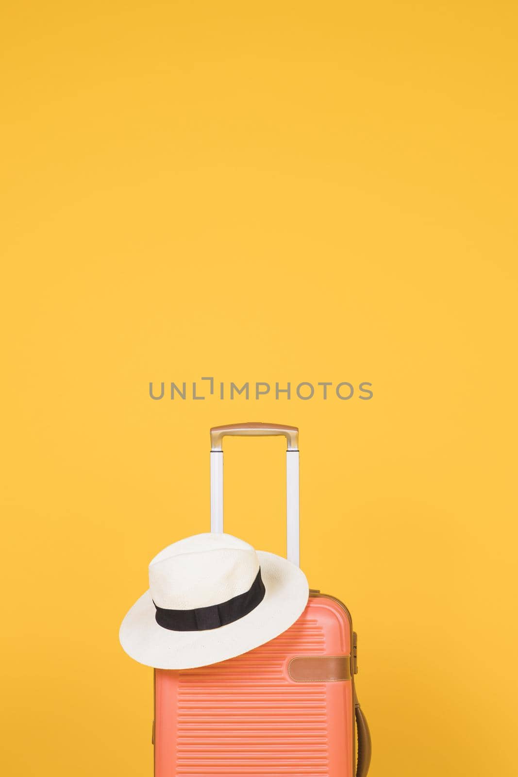 orange suitcase white hat. High quality beautiful photo concept by Zahard