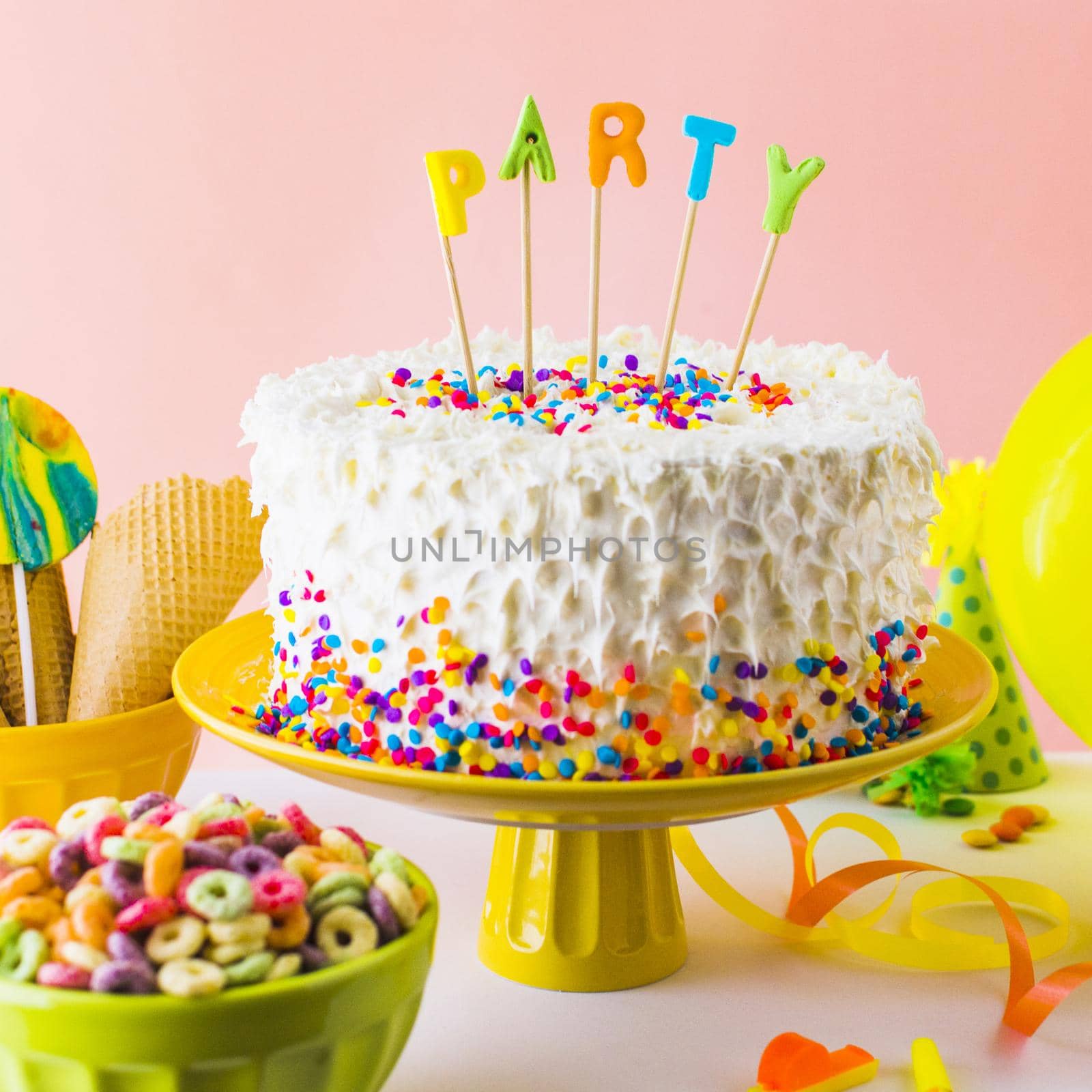 close up delicious party cake with bowl froot loop 2. High quality beautiful photo concept by Zahard