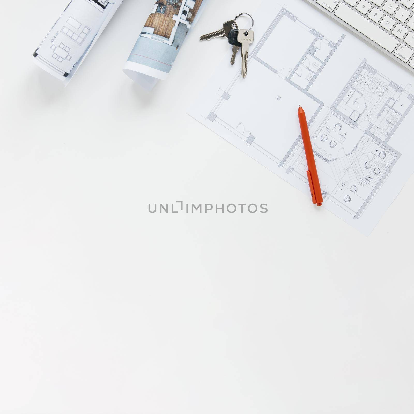 blueprint with keys red pen isolated white background. High quality beautiful photo concept by Zahard