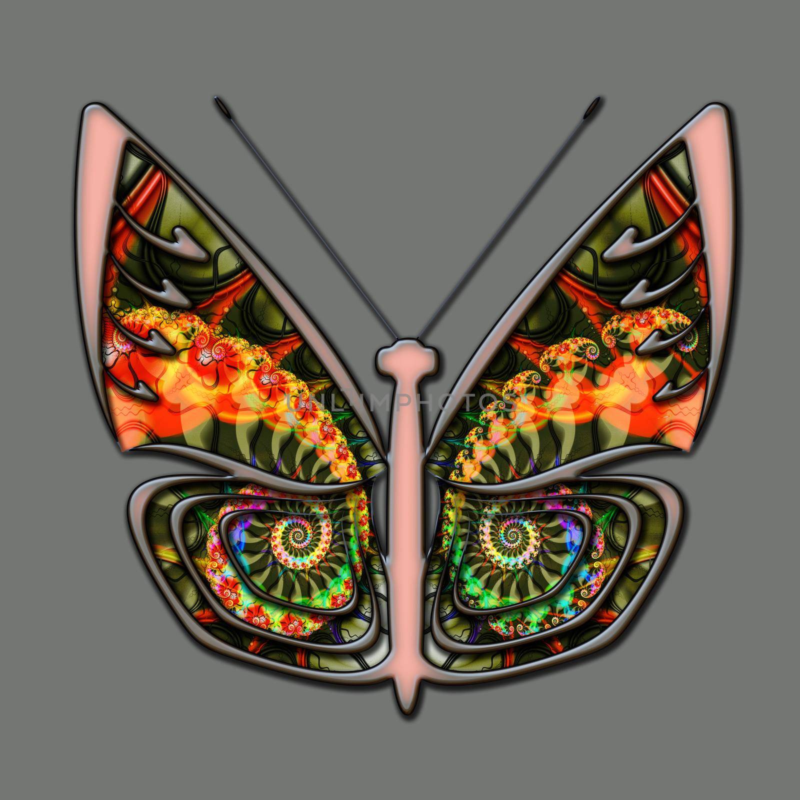 3D illustration of colorful ornament butterfly with wings filled with abstract fractal