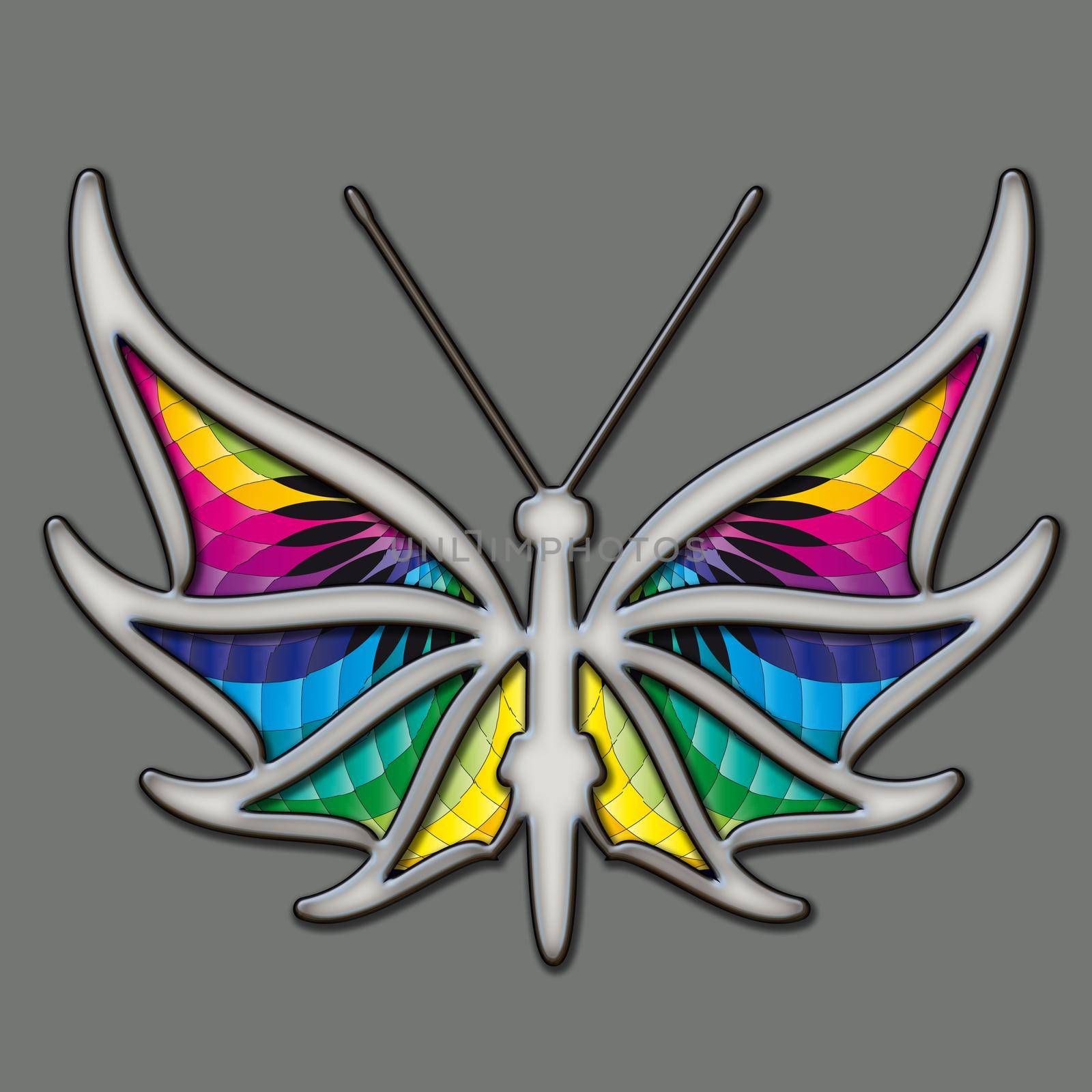 3D illustration of colorful ornament butterfly with wings filled with abstract fractal