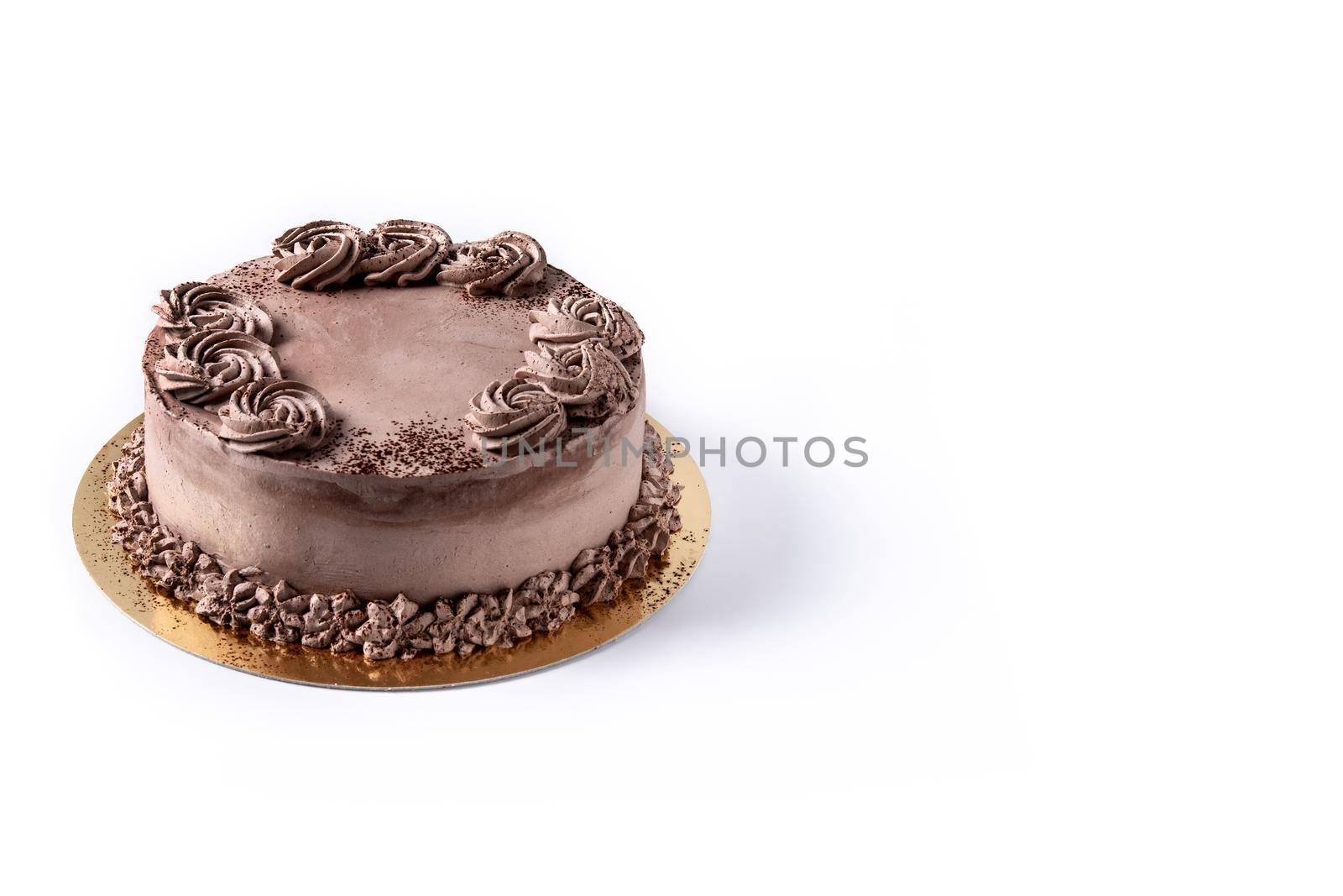 Piece of chocolate truffle cake isolated on white background