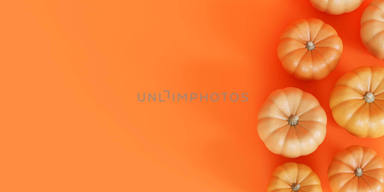 Pumpkins with copy space, orange background for autumn holidays or sales, 3d render