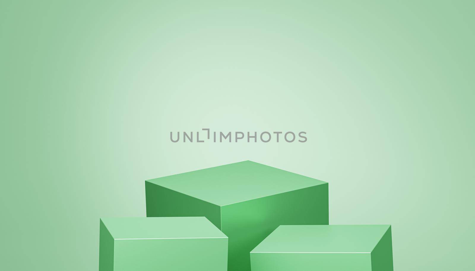 Cube podiums or pedestals for products or advertising on green background, 3d render