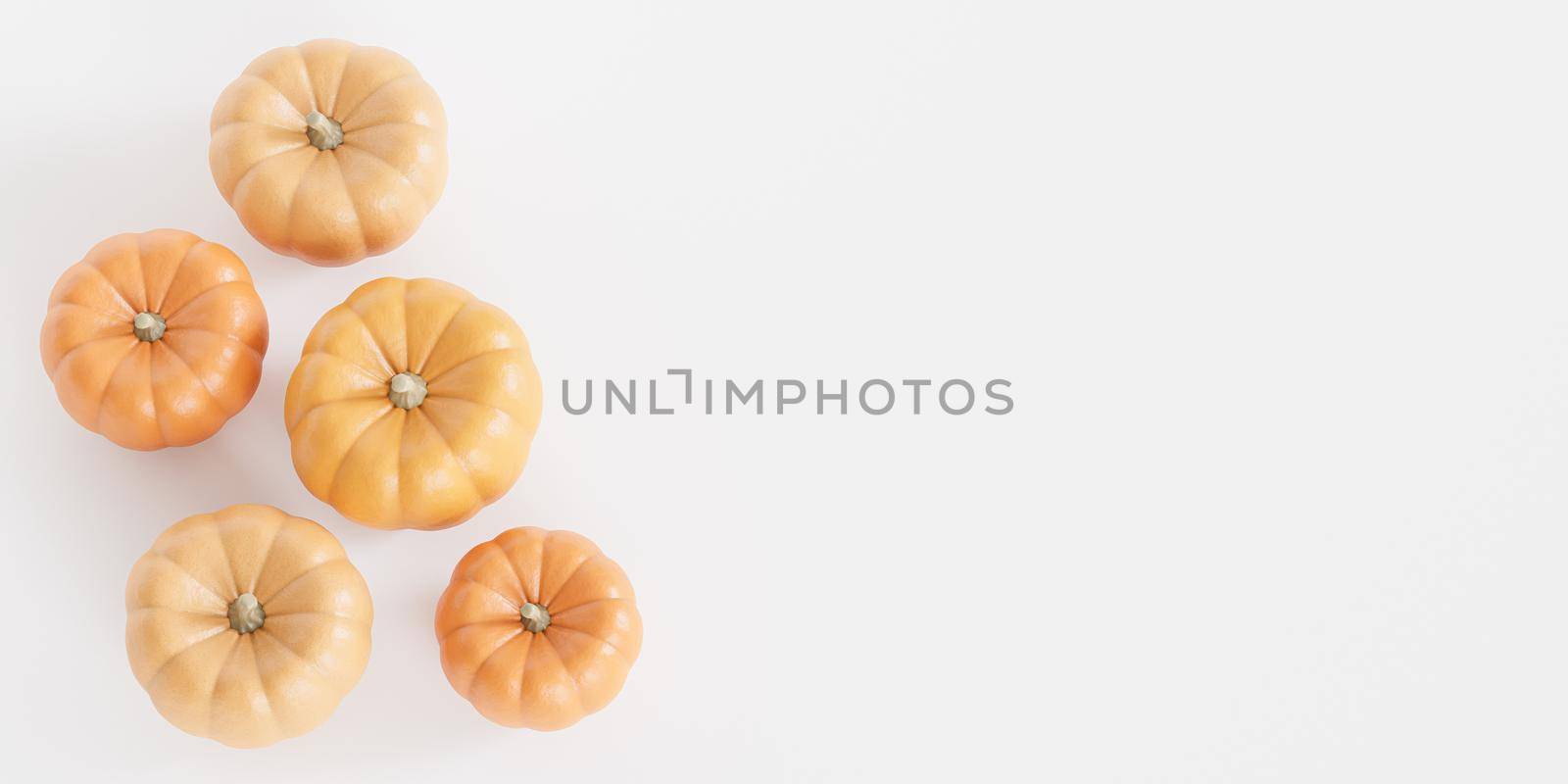 Pumpkins with copy space, white background for autumn holidays, 3d render