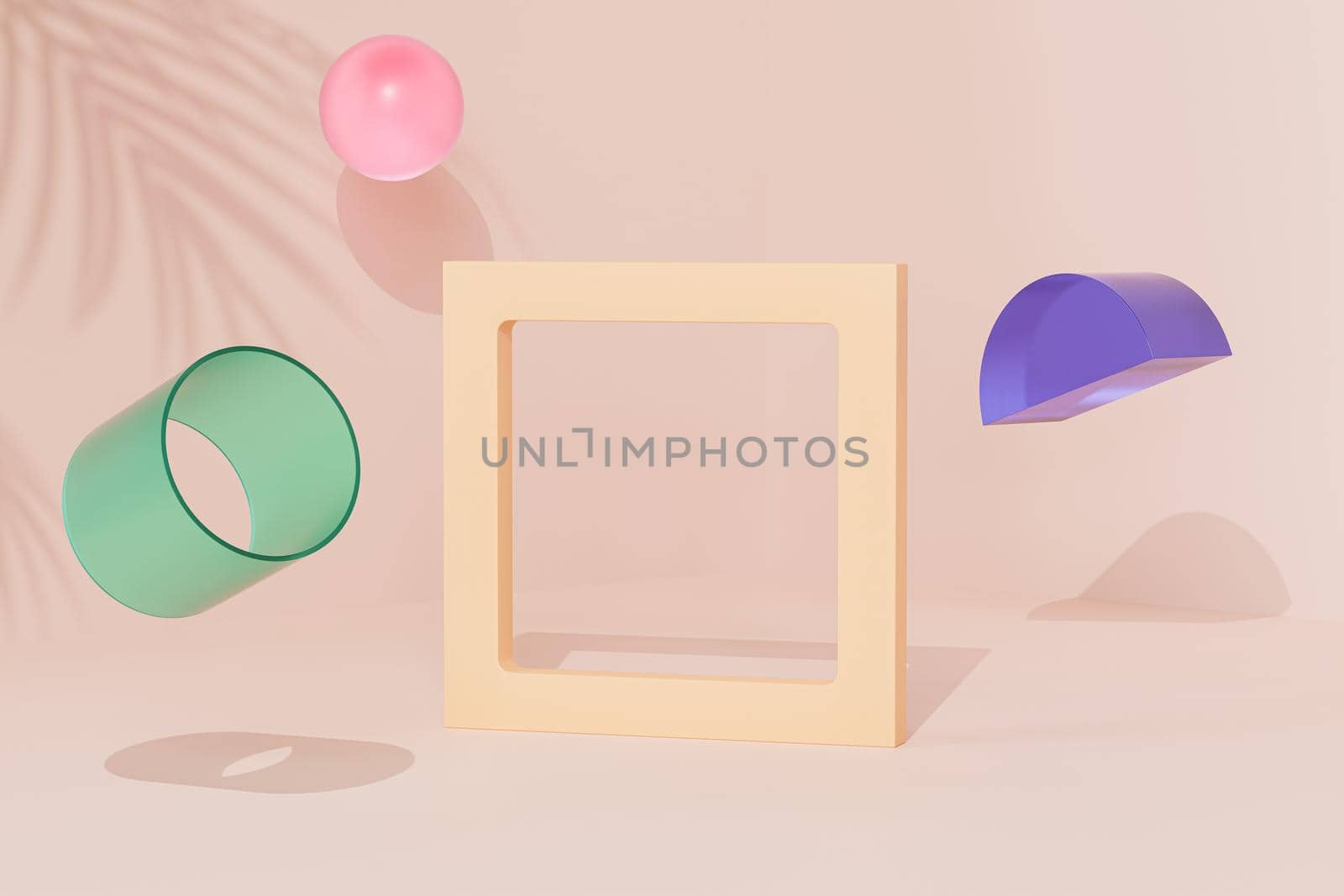 Empty frame near to geometric objects on beige background with tropical leaf shadow, minimal 3d render by Frostroomhead