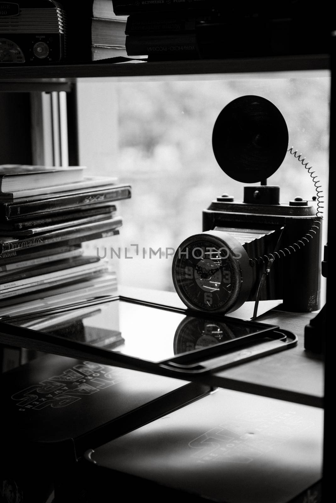 the tools of a Barber on the desktop in front of the mirror