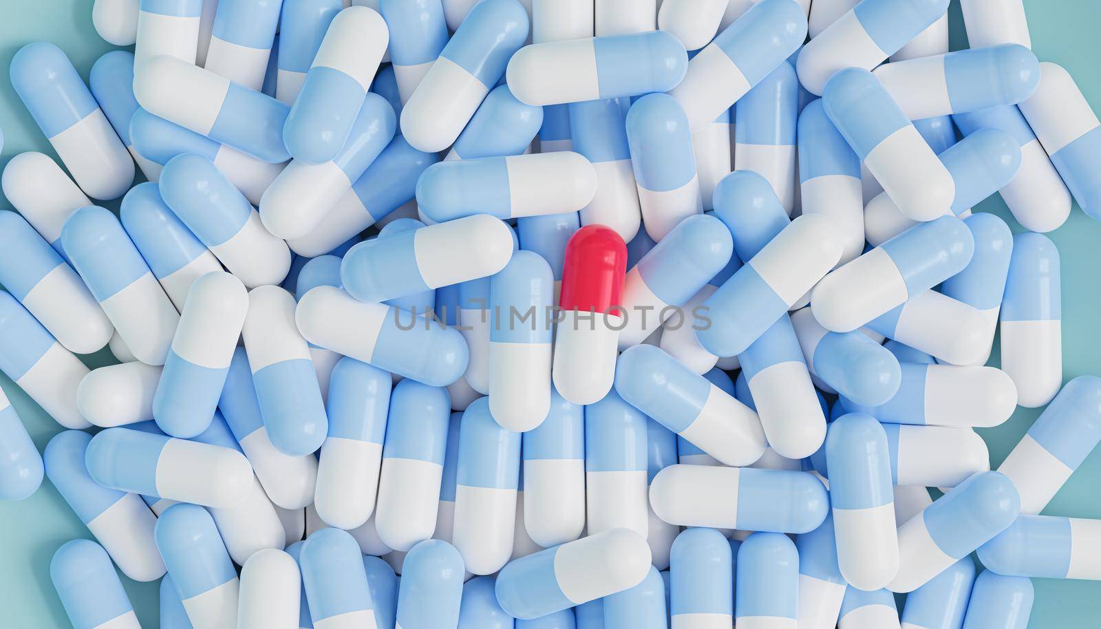 Capsule pills on blue background, healthcare medical concept, antibiotics and cure, 3d render