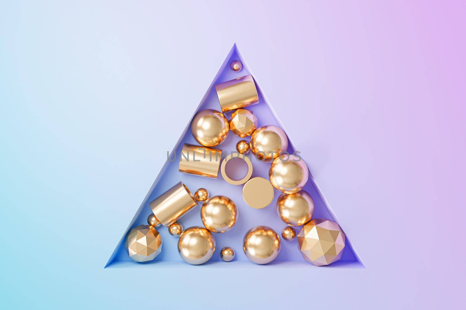 Abstract golden geometric objects on gradient background, minimal 3d render